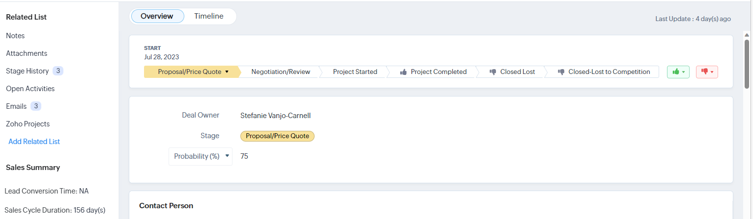 Screenshot showing the layout of a Zoho CRM Deal record