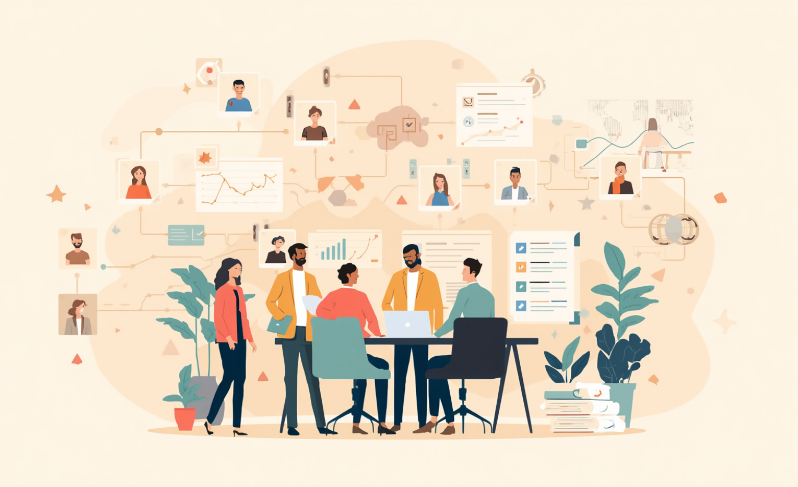 Vector illustration of a diverse membership organisation team collaborating around a central workspace, connected to digital member profiles, engagement analytics, reporting dashboards, and communication workflows within a unified CRM ecosystem.