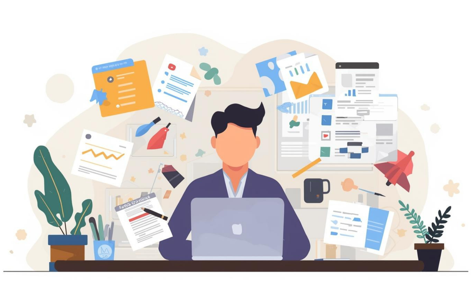 Scene shows a membership team or individual professional working at a desk, surrounded by multiple manual tools — spreadsheets, notes, inboxes, and disconnected documents — that feel manageable but slightly overwhelming