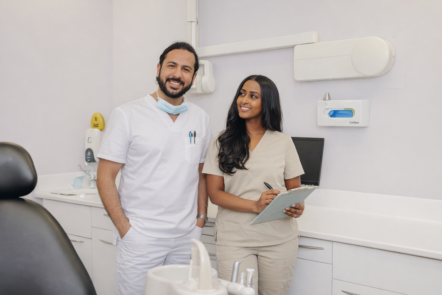 A male dentist and female dental assistant smiling in a dental office.