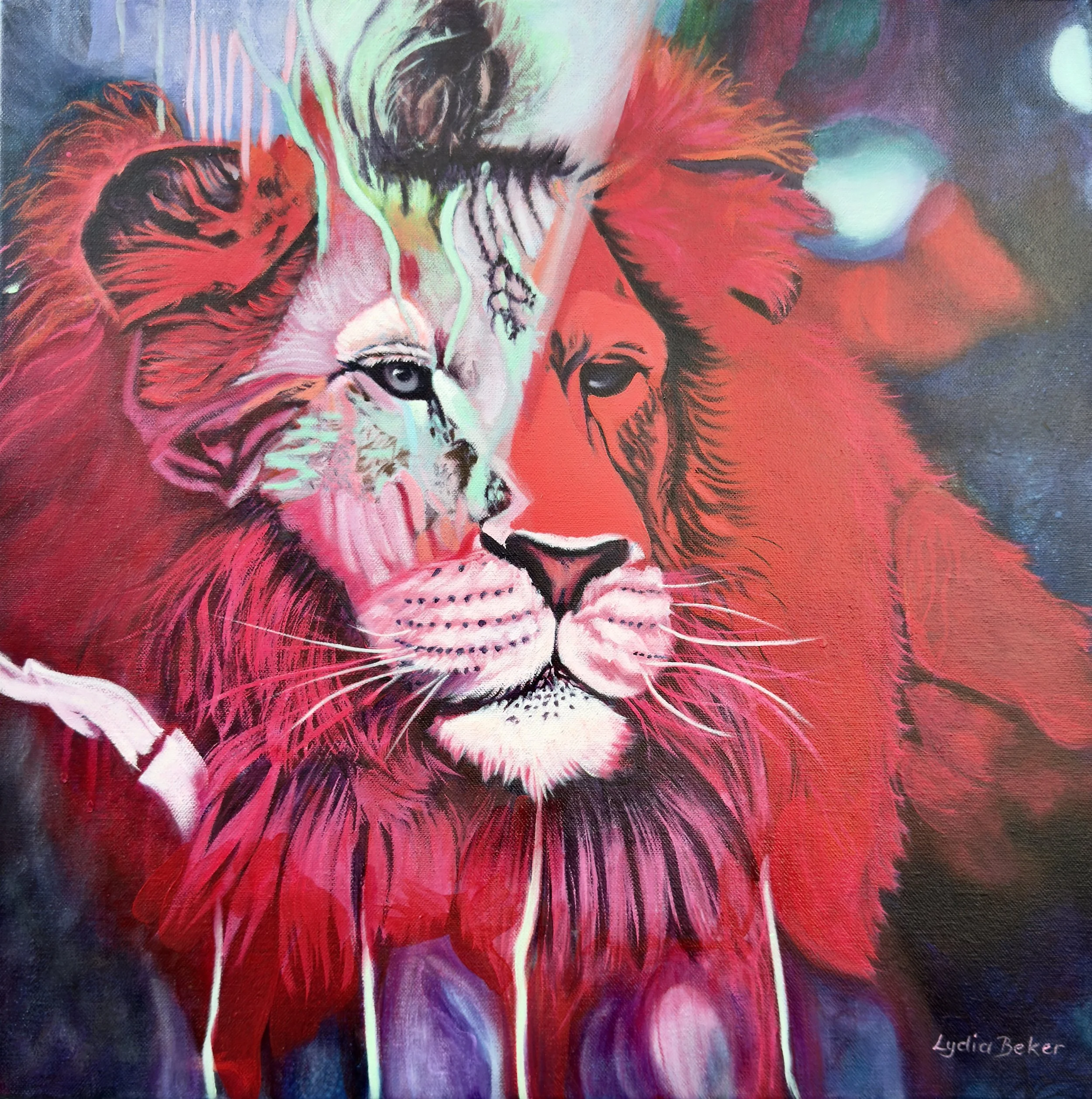 Expressive contemporary abstract oil painting of a lion featuring hues of red, purple, and blue, with details emphasising the lion's face and mane. By Australian artist Lydia Beker.