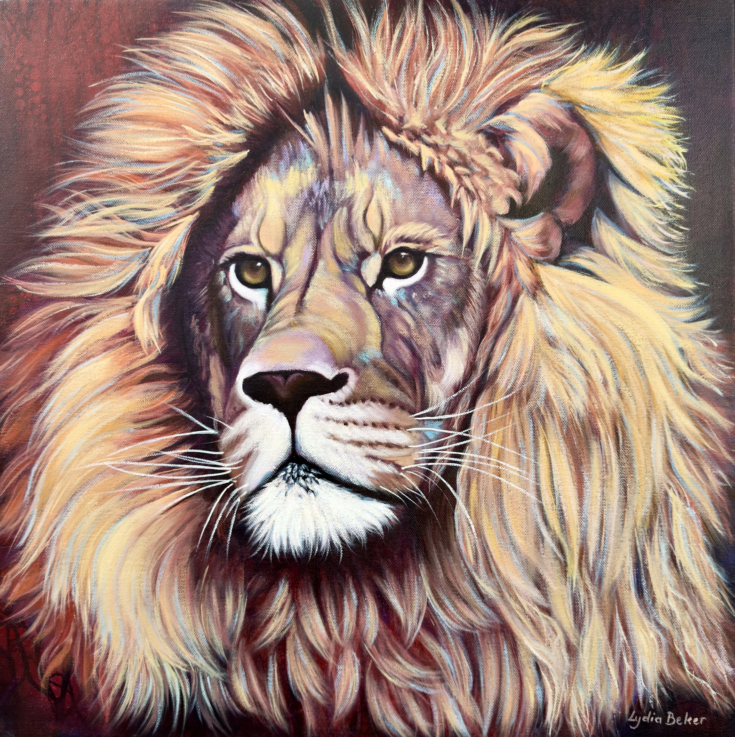 Expressive contemporary colourful oil painting of a lion's face with detailed mane and expressive eyes by Australian artist Lydia Beker