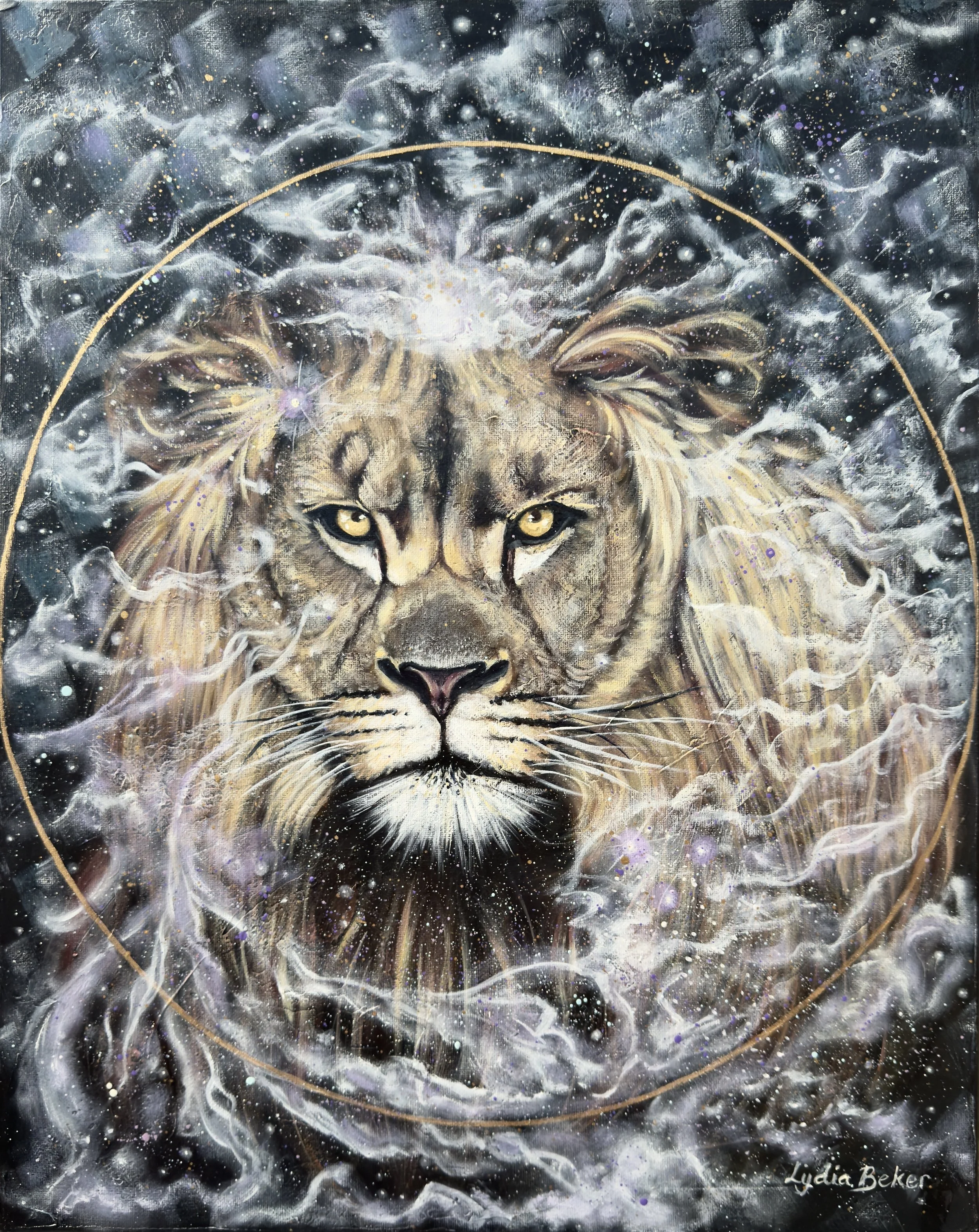 An expressive contemporary striking oil painting of a lion's face with a cosmic background, stars, and swirling mist, by Australian artist Lydia Beker