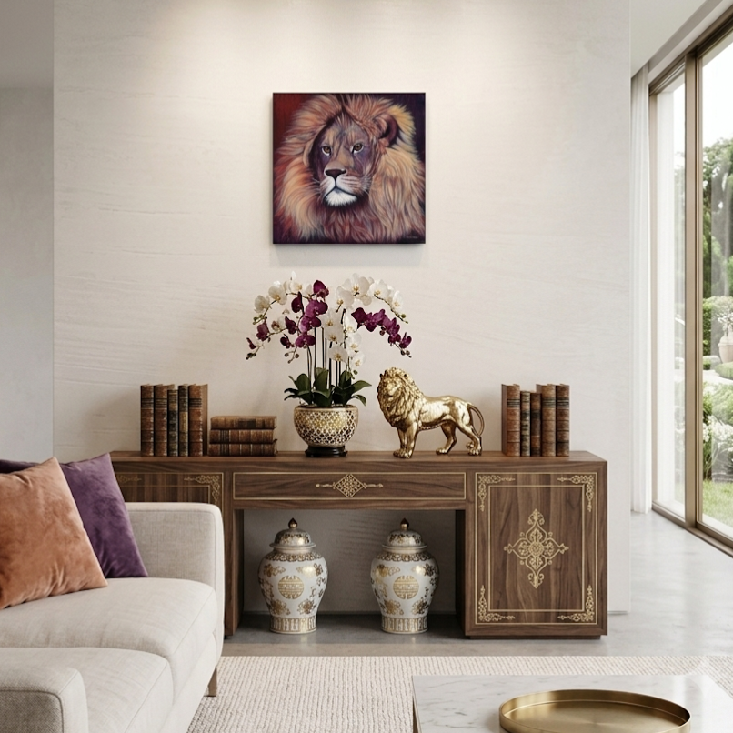 Remembering Who You Are, fine art reproduction of an expressive contemporary lion oil painting, by Australian artist Lydia Beker