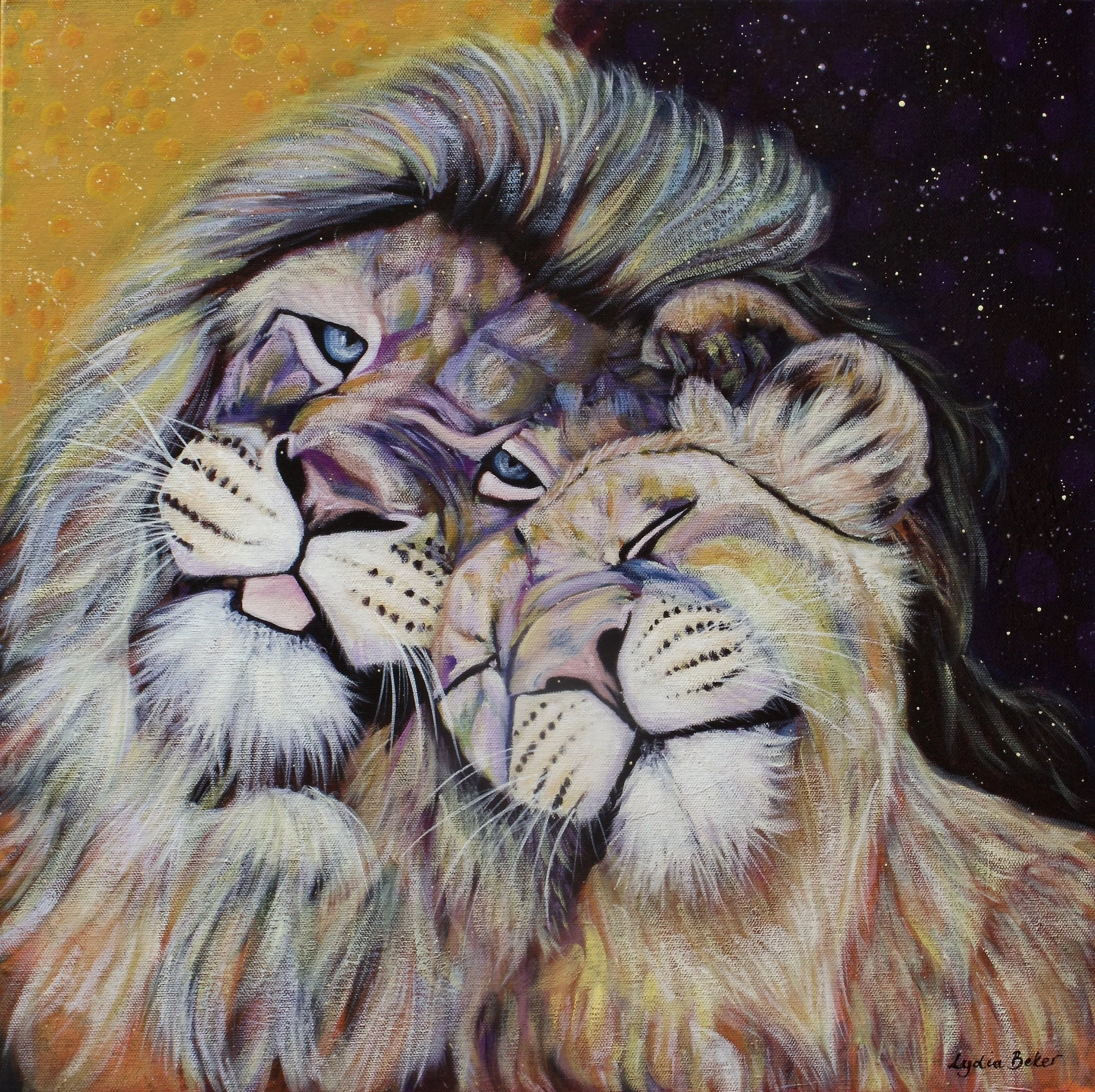 Expressive contemporary vibrant colourful oil painting of a two lions snuggled together  by Australian artist Lydia Beker.
