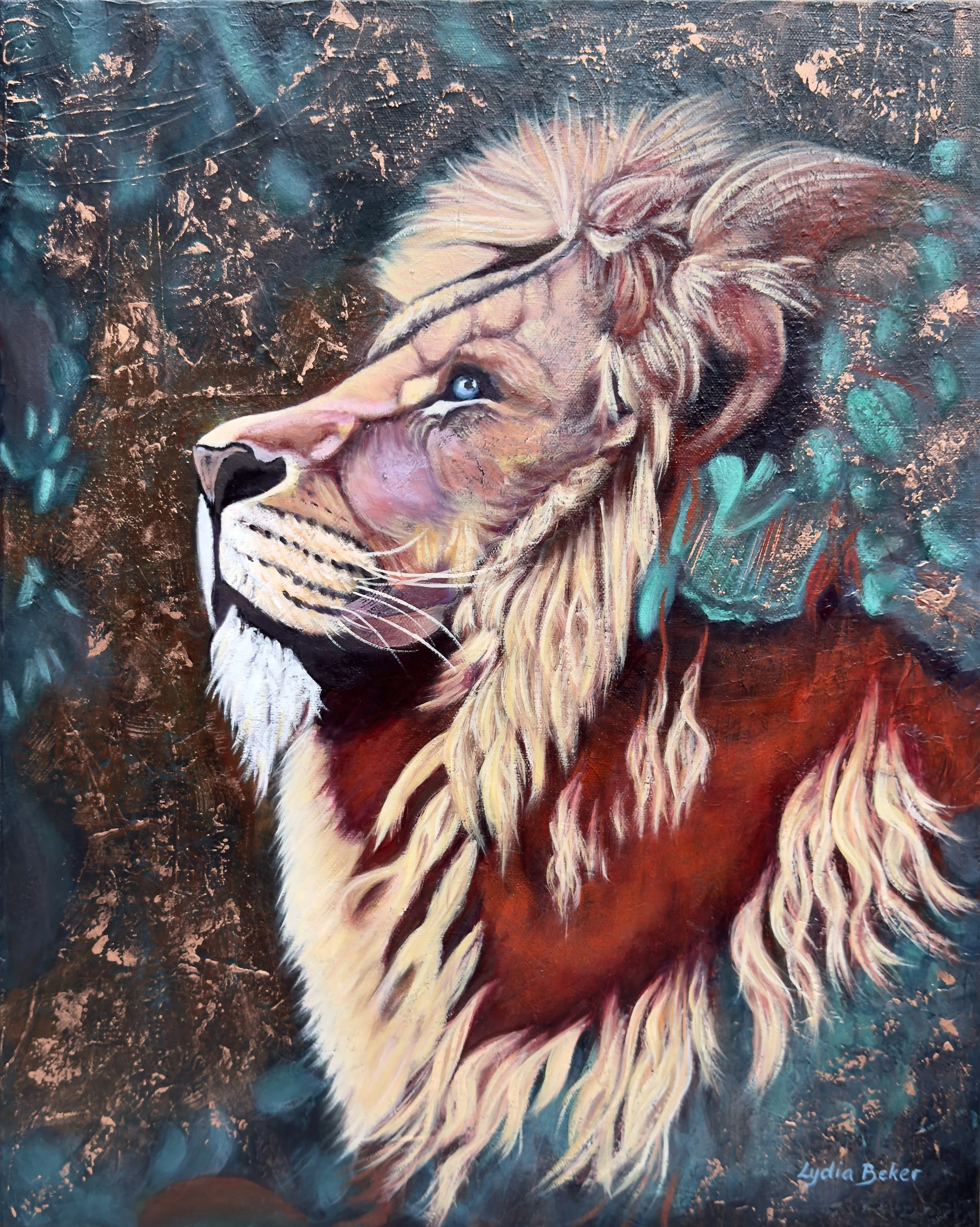 An expressive contemporary vibrant oil painting of a lion's profile with a flowing mane, set against an abstract dark background with teal and copper tones, by Australian artist Lydia Beker