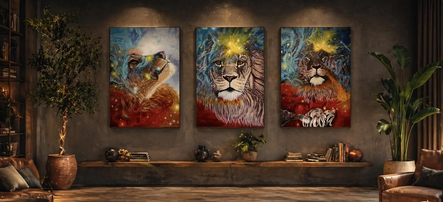 Expressive Contemporary Oil Paintings of lions in a atmospheric living room