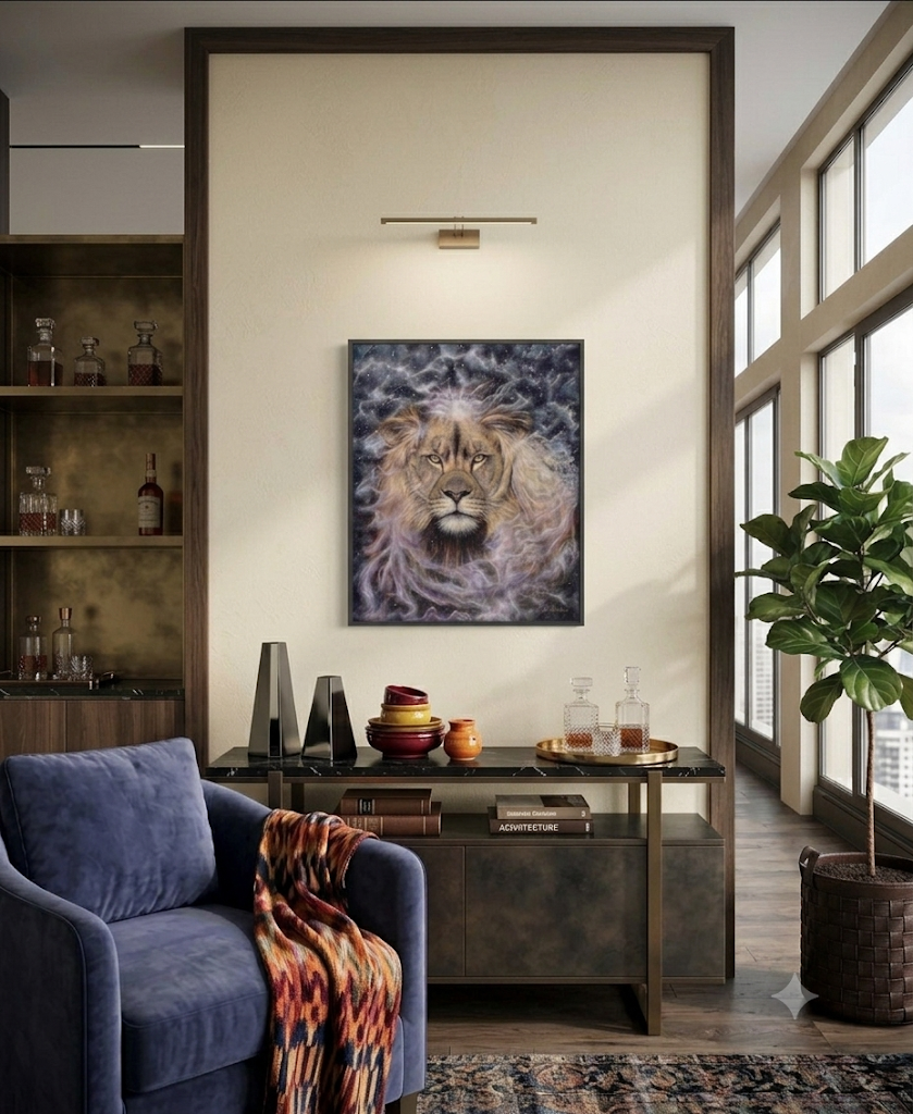 Far Beyond, fine art print reproduction of an expressive contemporary oil painting of a lion, by Australian artist Lydia Beker