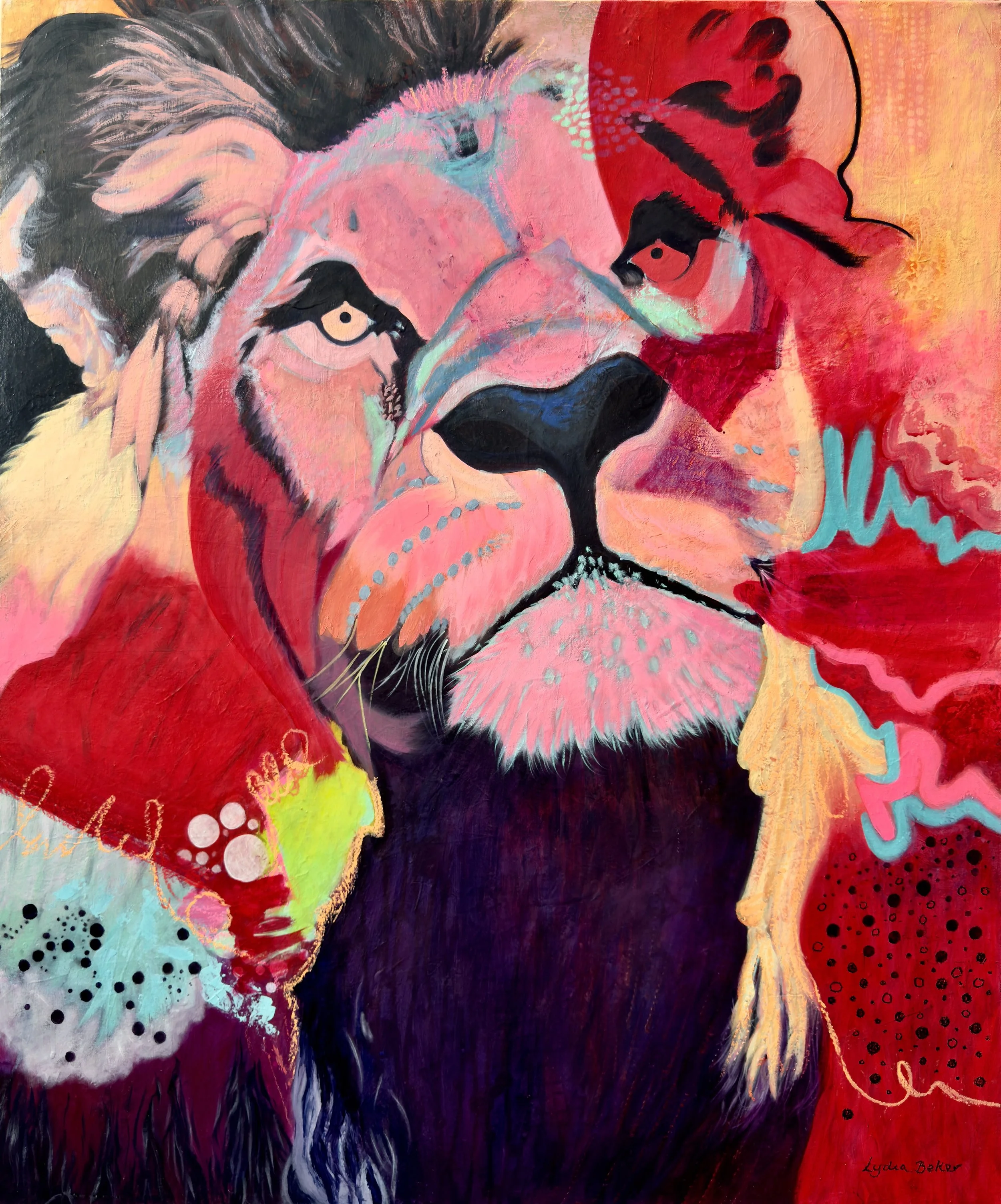 Expressive contemporary oil painting of a colourful abstract painting of a lion, with vibrant reds, blues, and pinks, blending and overlapping in expressive strokes by Australian artist Lydia Beker