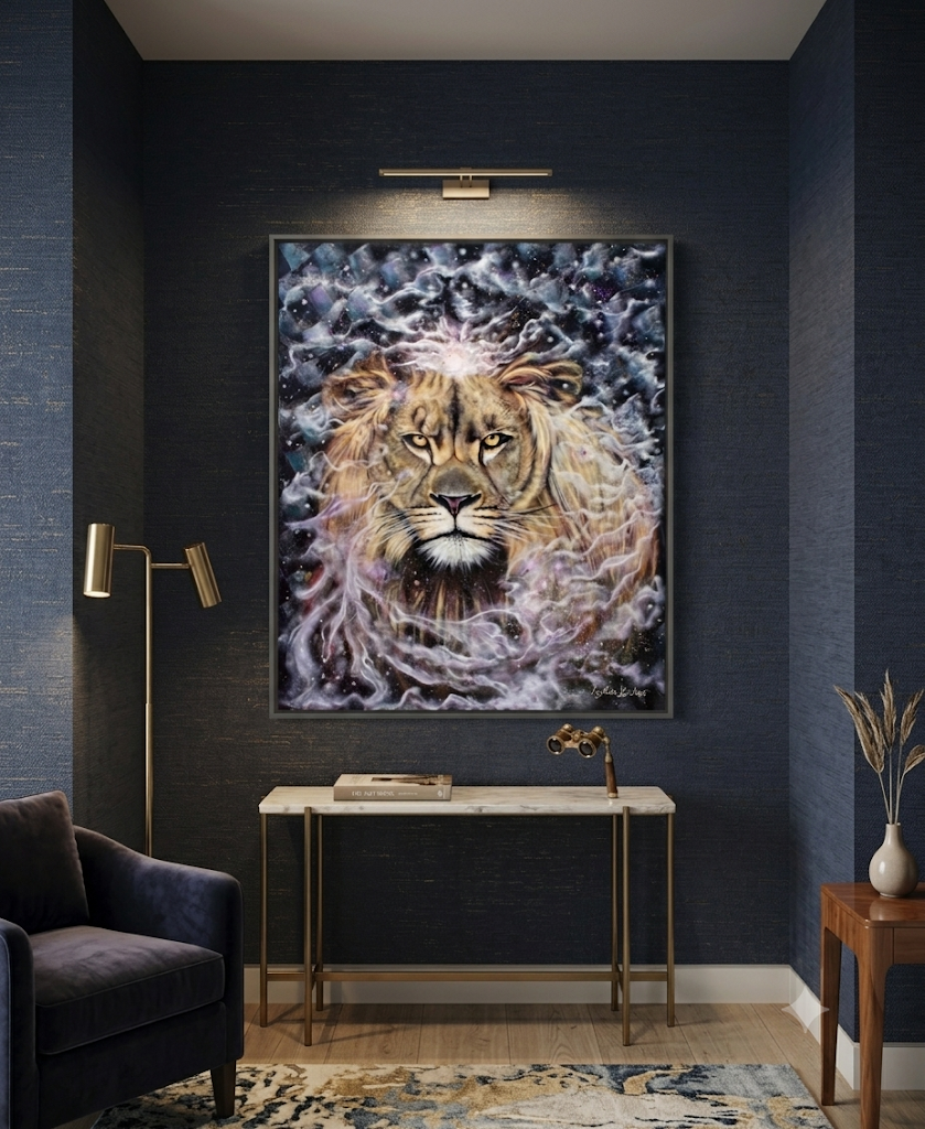 Far Beyond, fine art print reproduction of an expressive contemporary oil painting of a lion, by Australian artist Lydia Beker