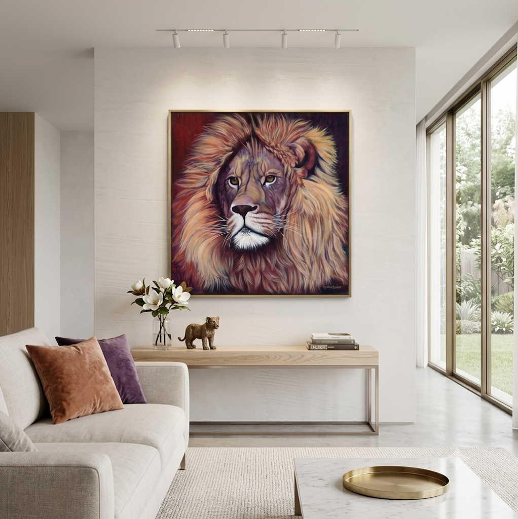 Remembering Who You Are, fine art reproduction of an expressive contemporary lion oil painting, by Australian artist Lydia Beker