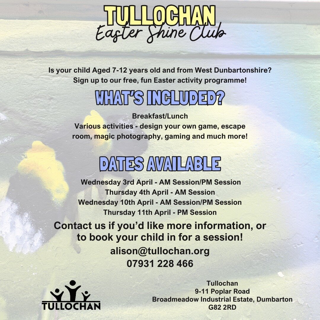 We've still got some slots left in week 2 for our Easter Shine programme. 

Get in touch with Alison - alison@tullochan.org