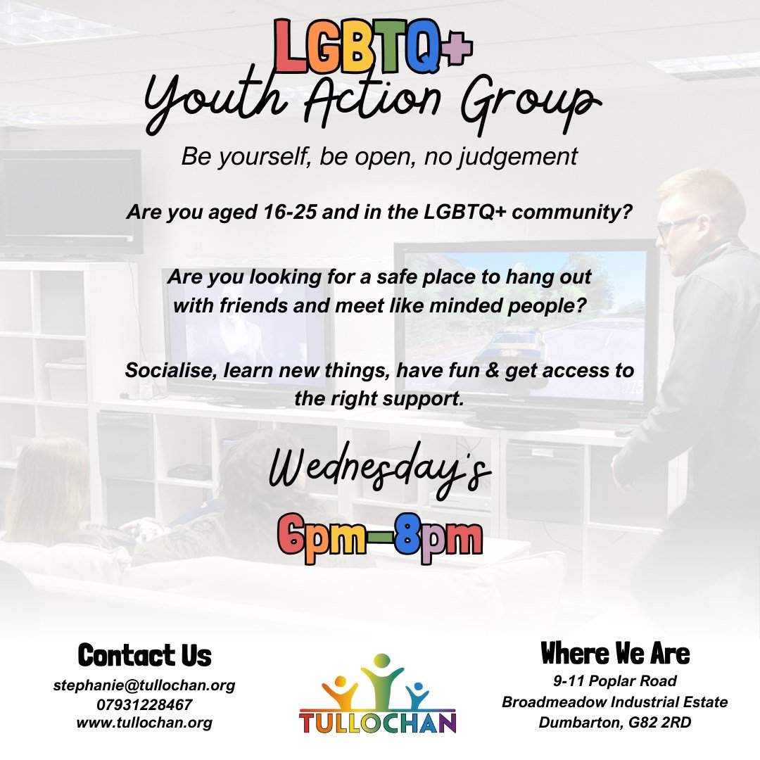 Our LGBTQ+ Group is on this evening, 6-8pm.

For more information, contact Steph on stephanie@tullochan.org or 07931228476