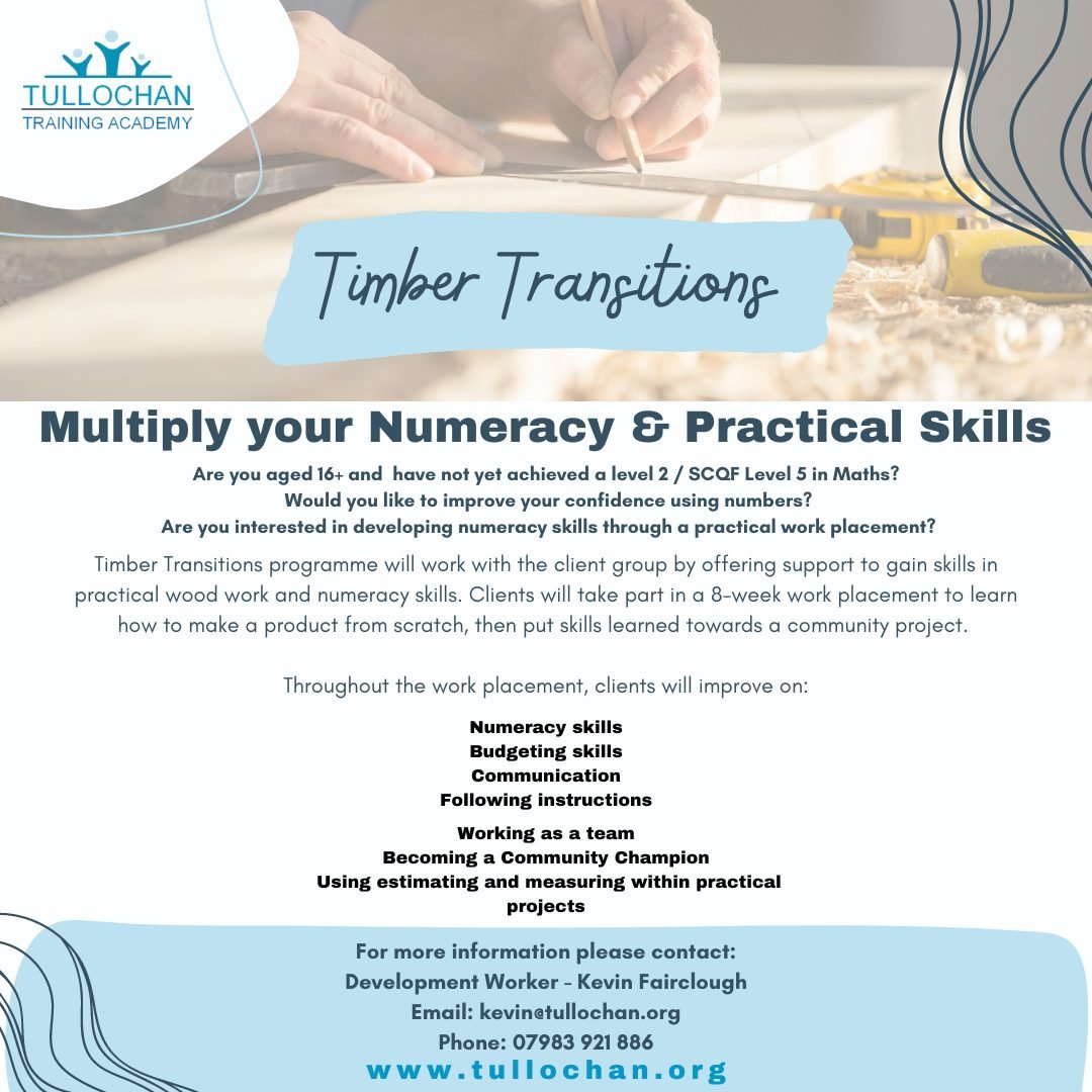 💜New project alert!!💜

𝑻𝒊𝒎𝒃𝒆𝒓 𝑻𝒓𝒂𝒏𝒔𝒊𝒕𝒊𝒐𝒏𝒔

Tullochan's new practical eight-week work experience program. Learn new or improve existing skills in practical woodwork and numeracy by estimating the materials and making a bird box, pla