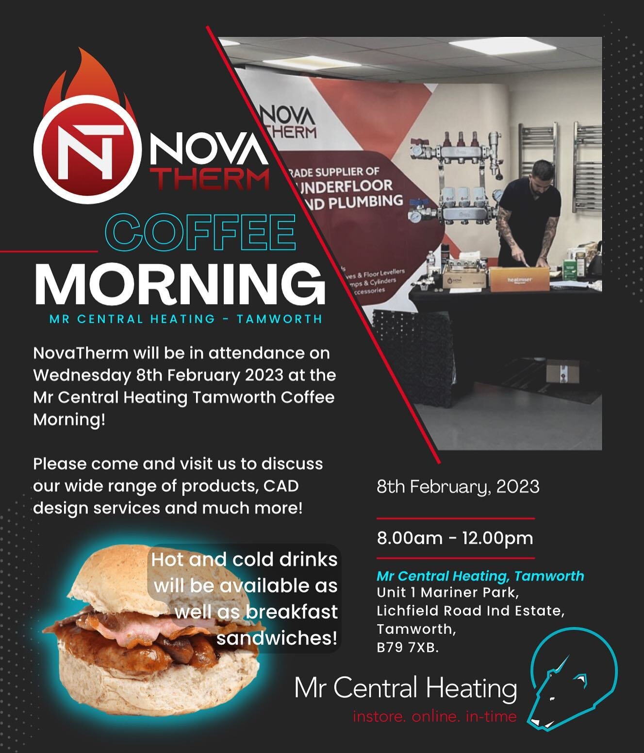 Come and visit us tomorrow at @mrcentralheating_tamworth for a discussion about all things Underfloor Heating 🔥 

Drinks and breakfast sandwiches will be available to give you a kickstart to your morning!
🥓🥪☕️🫖

We look forward to seeing you in t