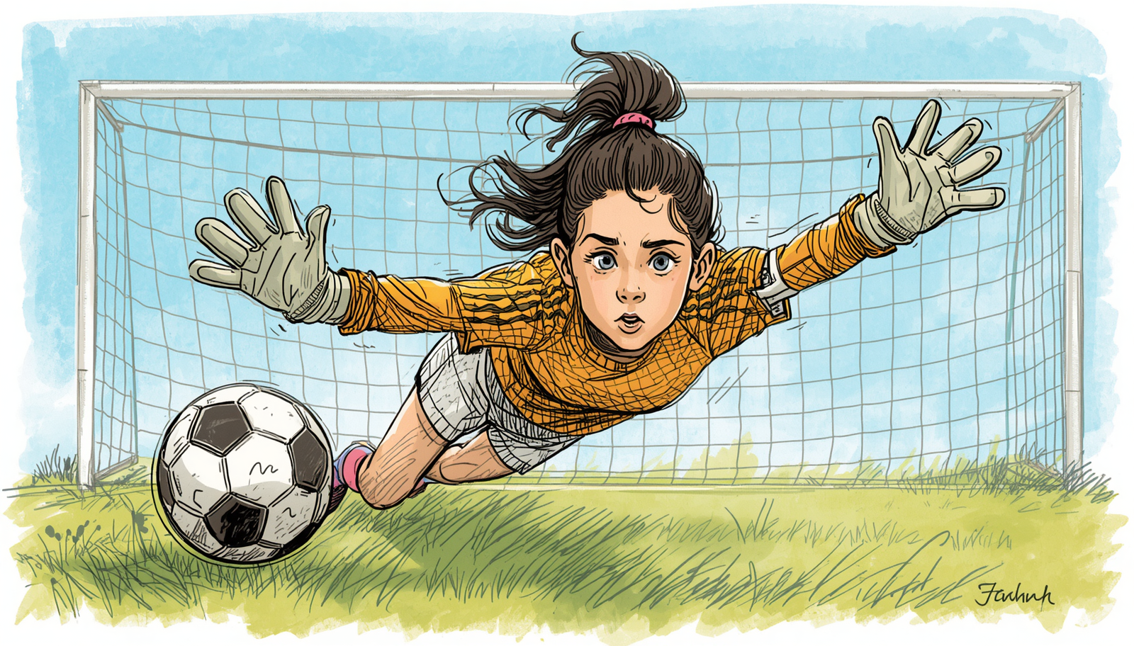 Illustration of a young girl goalkeeper reaching out forwards to  catch a football coming towards her.