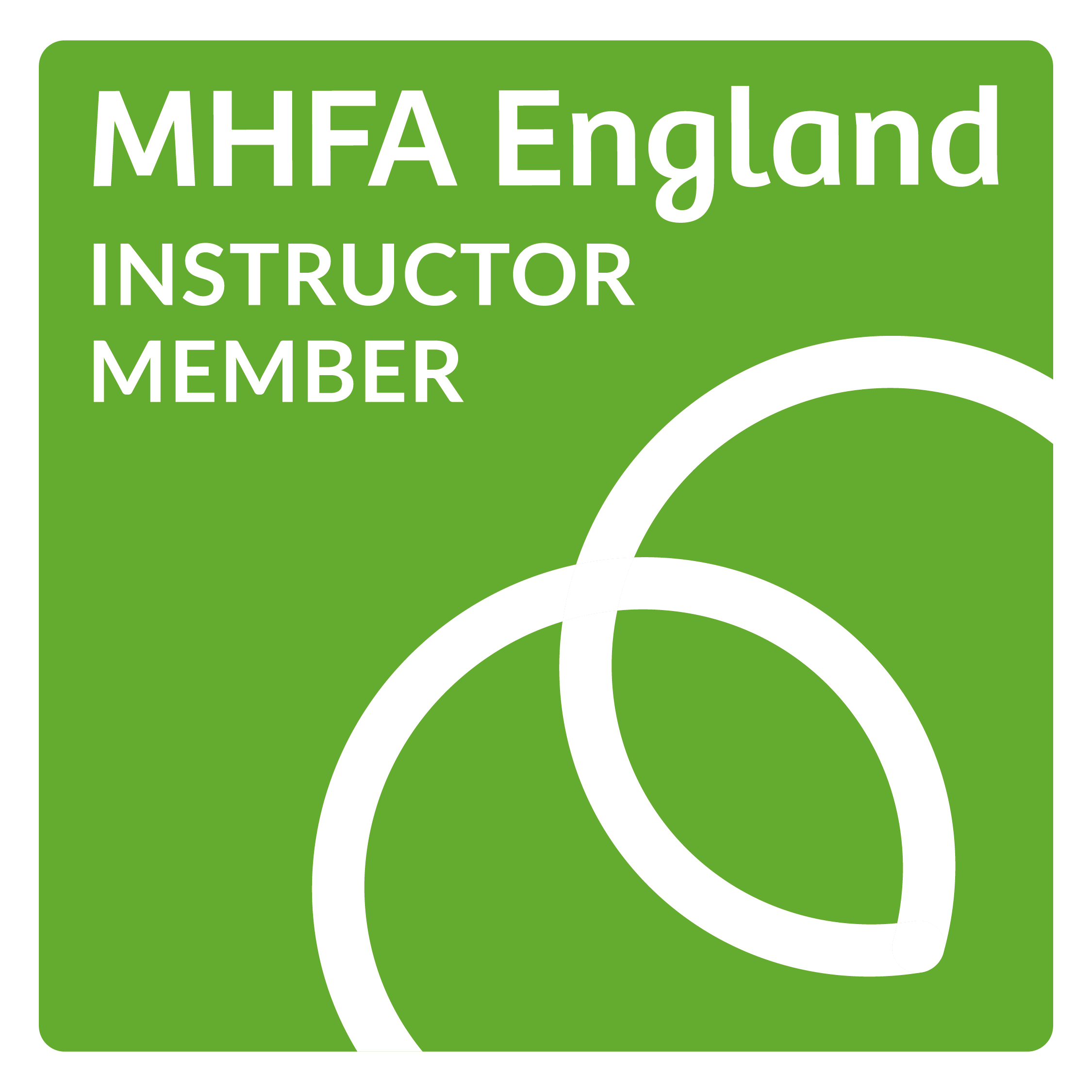 Badge for MHFA England Instructor Member. White text on Green background.