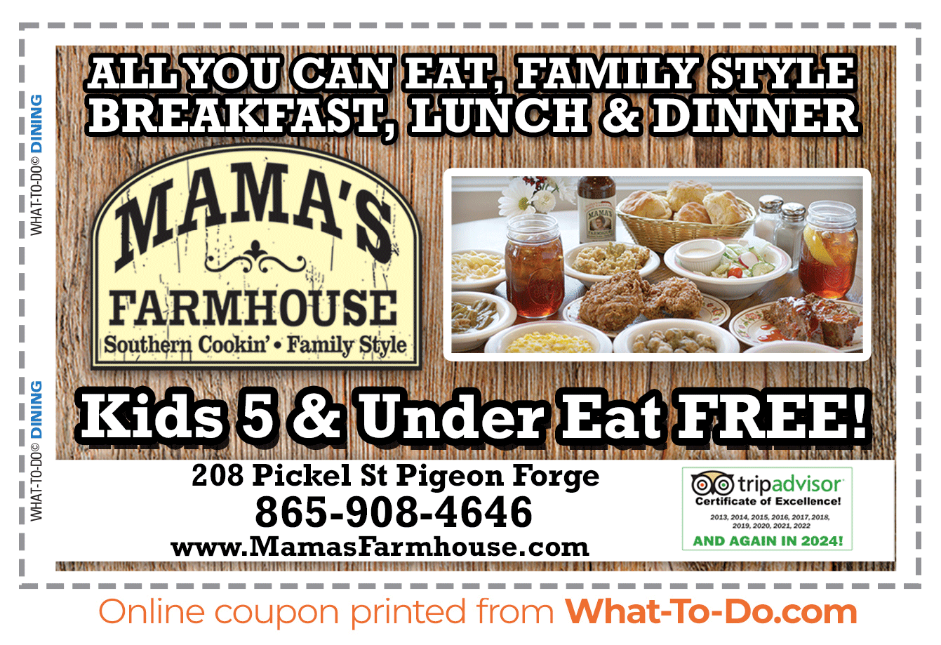 Mama's Farmhouse coupon. Kids 5 & under eat free.