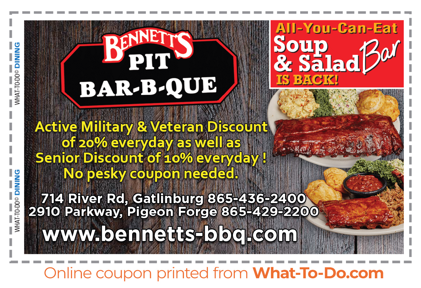 Bennett's Pit Bar-B-Que coupon. Active military & veteran 20% discount everyday. 10% senior discount everyday.