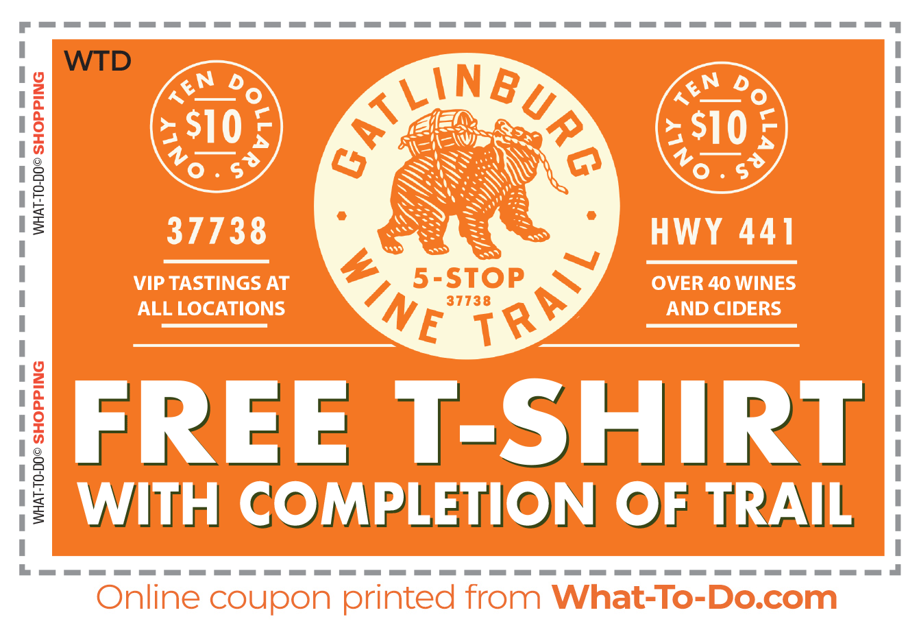 Image of Gatlinburg Wine Trail coupon. Free t-shirt with completion of the wine trail.