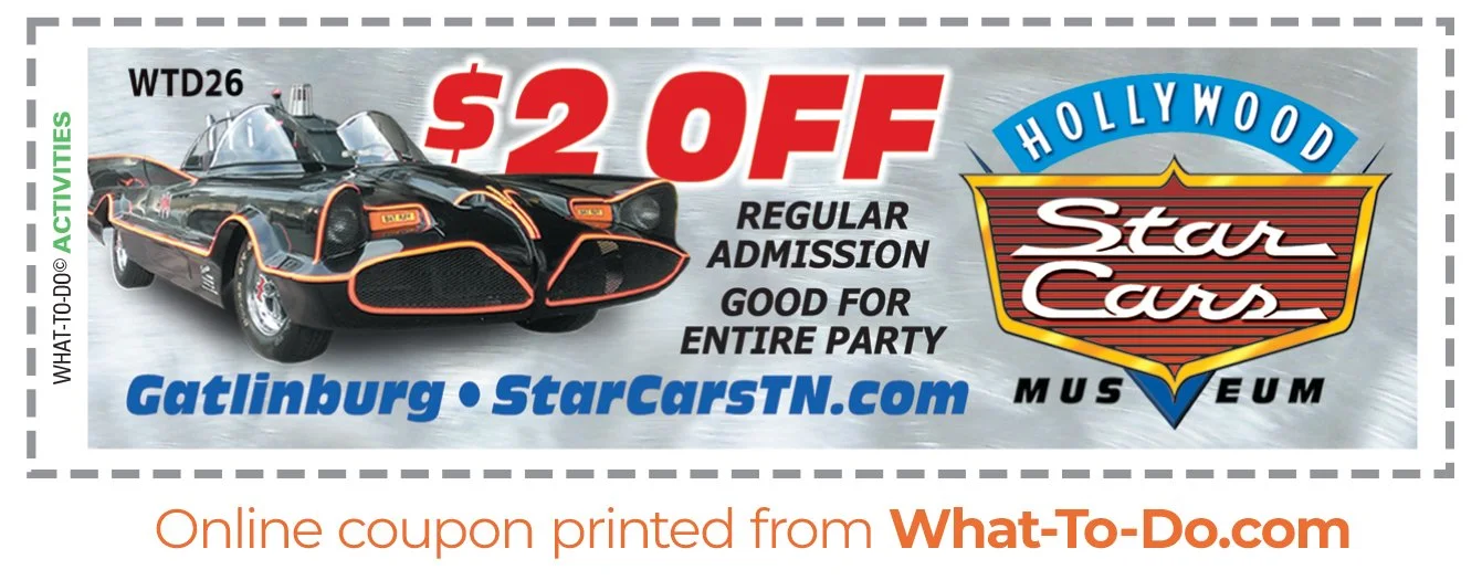 Image of Hollywood Star Cars Coupon. $2 off regular admission. Good for entire party.
