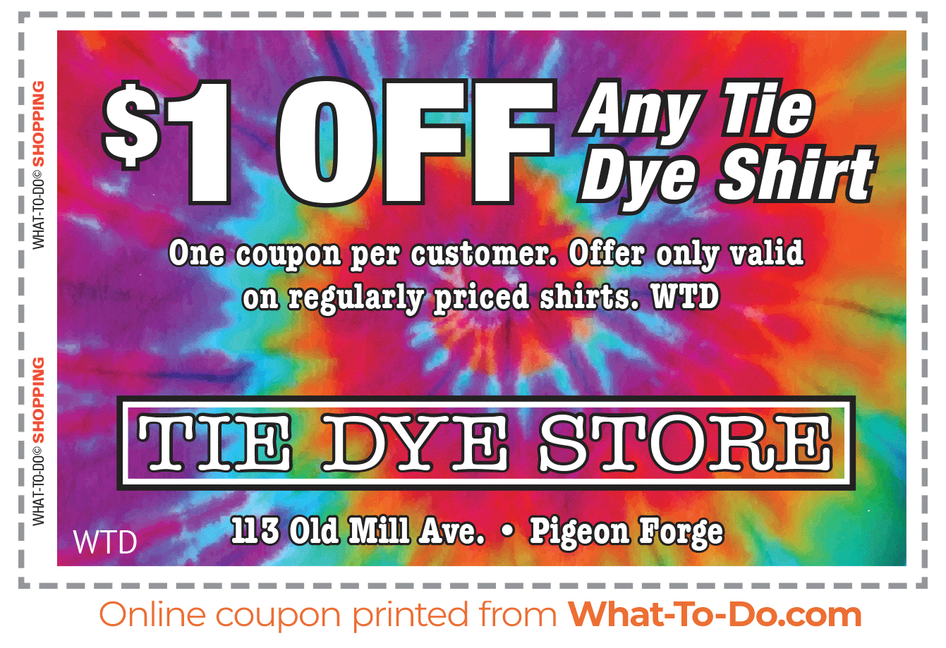Image of the Tie Dye Store coupon. $1 off any tie dye shirt. One coupon oer customer. Offer valid only on regularly priced shirts. Use code WTD.
