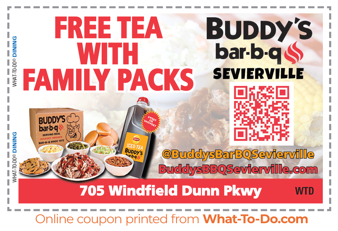 Buddy's Bar-B-Que coupon. Free tea with family packs.