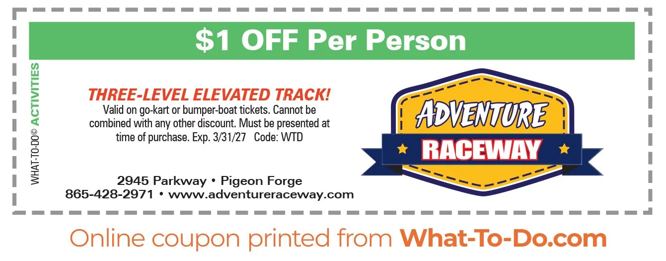 Image of Adventure Raceway Coupon. $1 off per person. Use code WTD. Expires 03/31/2027.