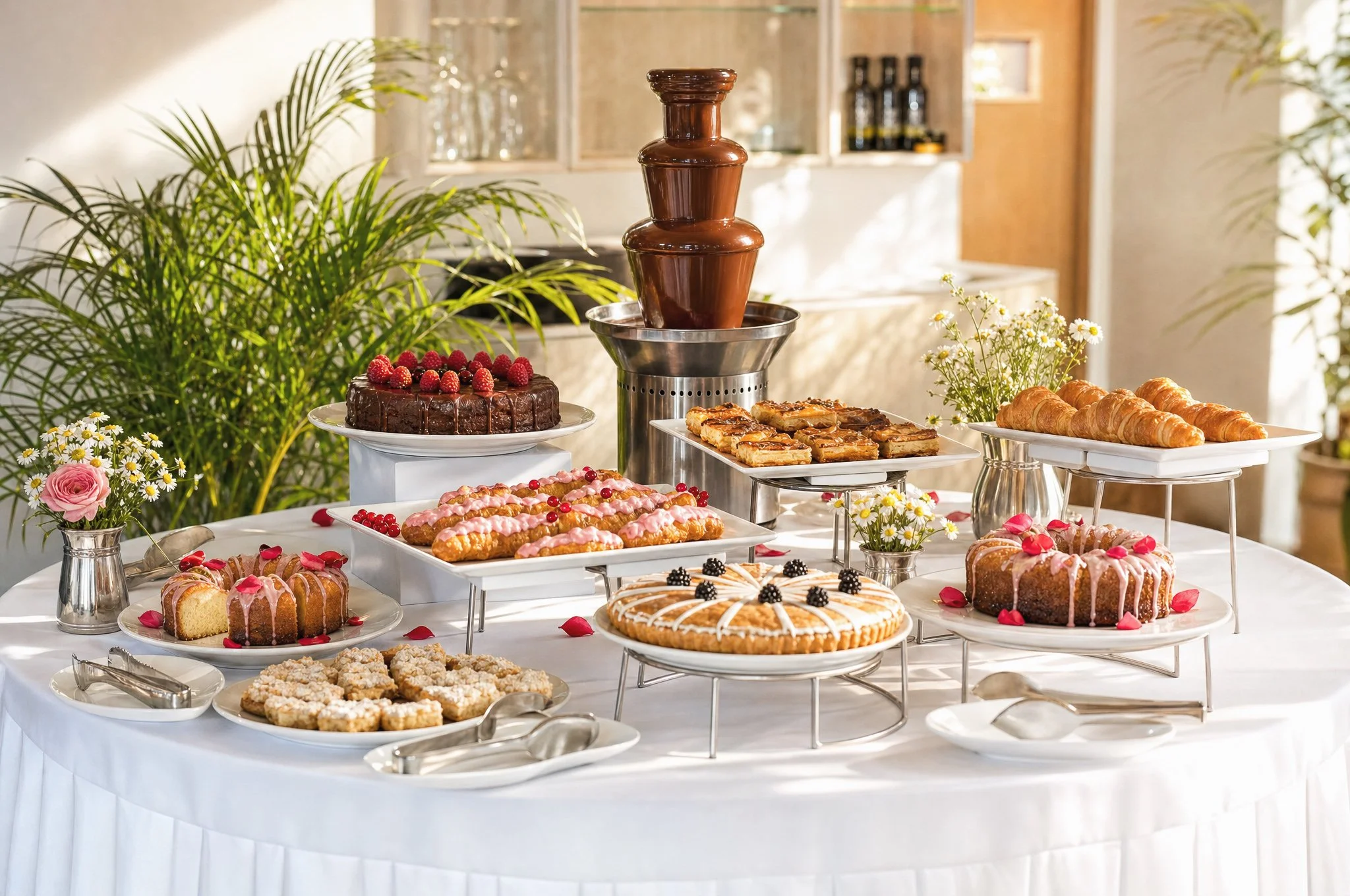 A top-down view of a variety of desserts and drinks on a table, including cupcakes with frosting and sprinkles, berry-topped desserts, fruit toast with greens and cherry tomatoes, small bowls of fresh fruit, and glasses of colorful beverages with straws.