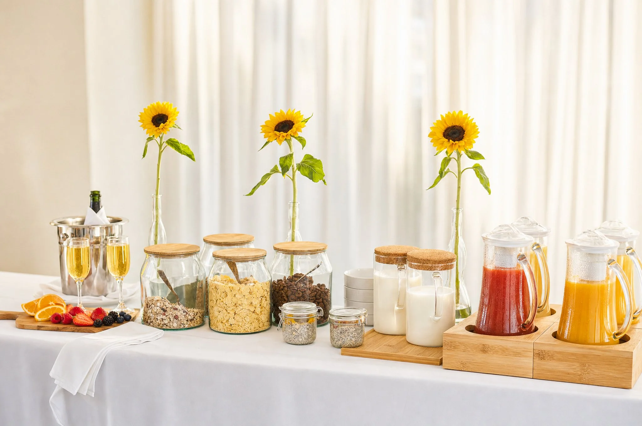 A breakfast buffet table with three sunflower centerpieces in glass vases, various cereals, juices, fresh fruits, and breakfast accompaniments.