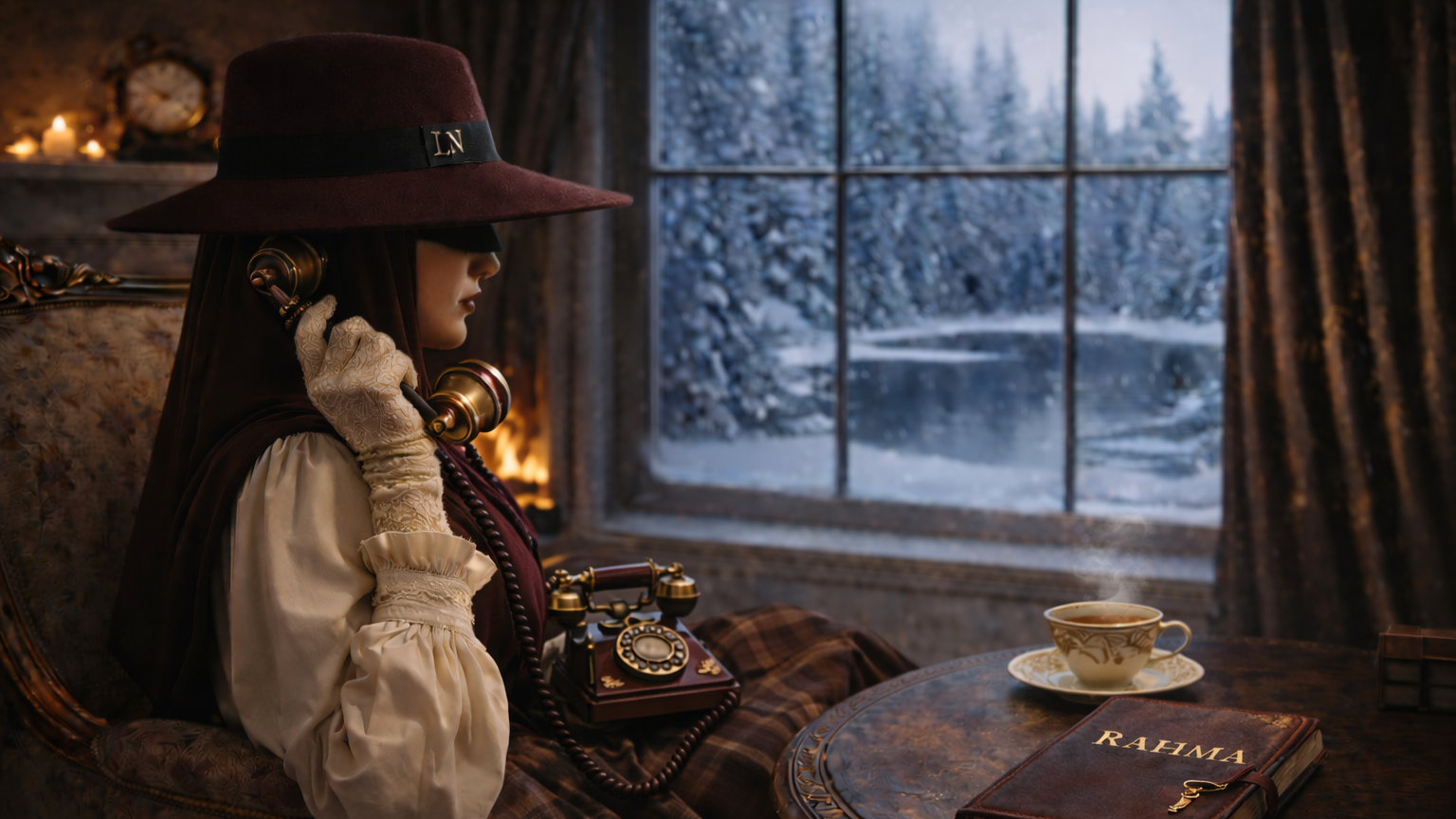 Femme élégante en robes anciennes, portant un chapeau rouge et des gants en dentelle, utilisant un téléphone ancien en cuivre doré, assise dans une pièce chaleureuse avec un décor vintage, regardant par une fenêtre montrant un paysage enneigé.