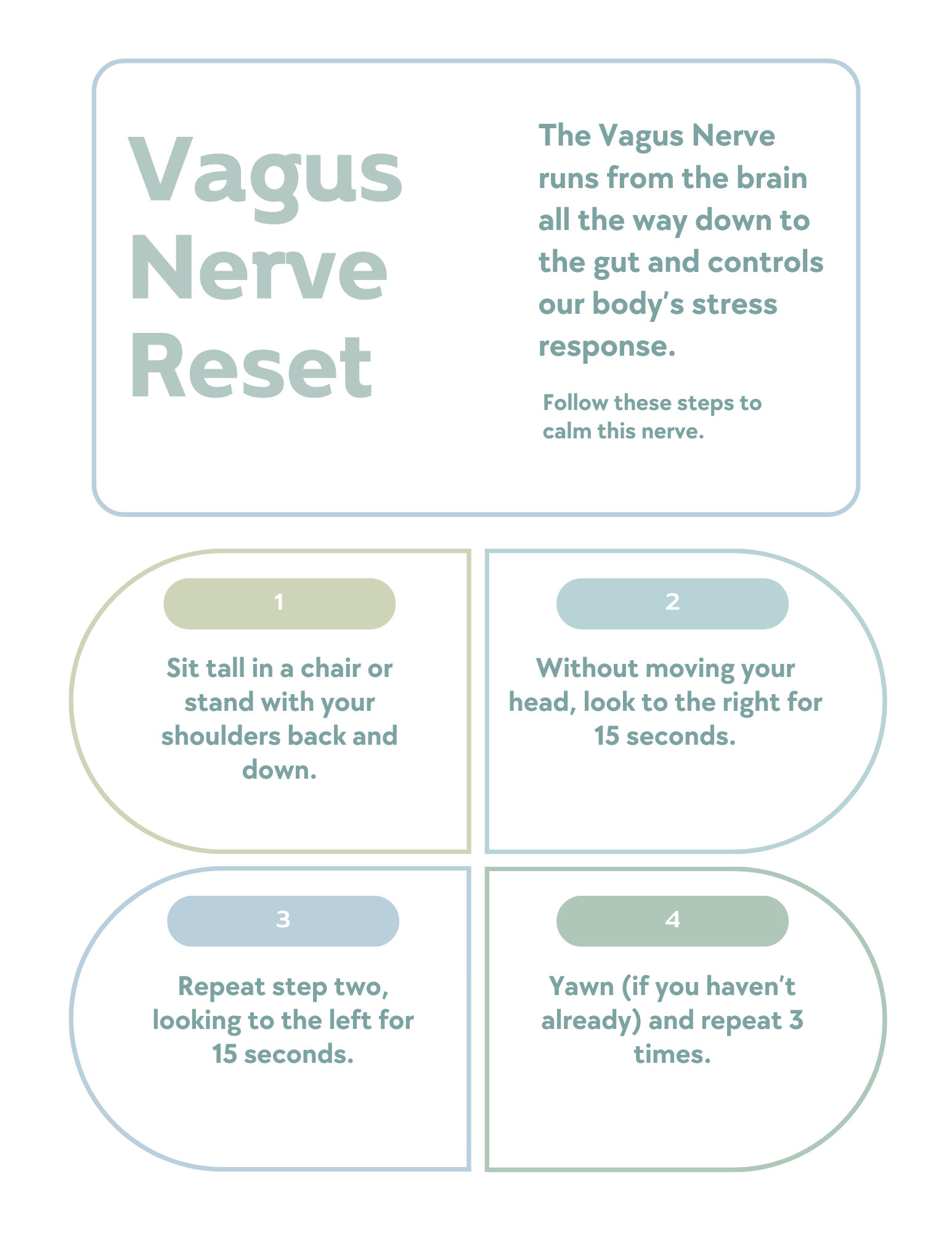 Guide titled 'Vagus Nerve Reset' with steps for calming the vagus nerve: 1. Sit tall in a chair or stand with shoulders back and down; 2. Without moving head, look right for 15 seconds; 3. Repeat step 2, looking left for 15 seconds; 4. Yawn (if not a