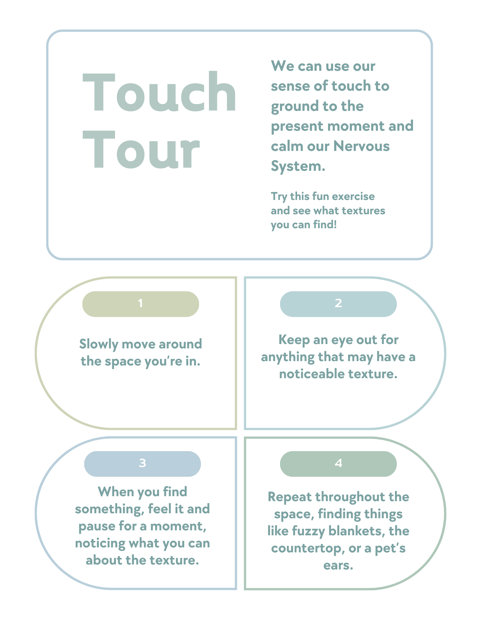 Instructional graphic titled "Touch Tour" with steps on using touch to ground nervous system, including steps: 1. Slowly move around the space you're in, 2. Keep an eye out for anything with a noticeable texture, 3. Feel and pause at textures, 4. Rep