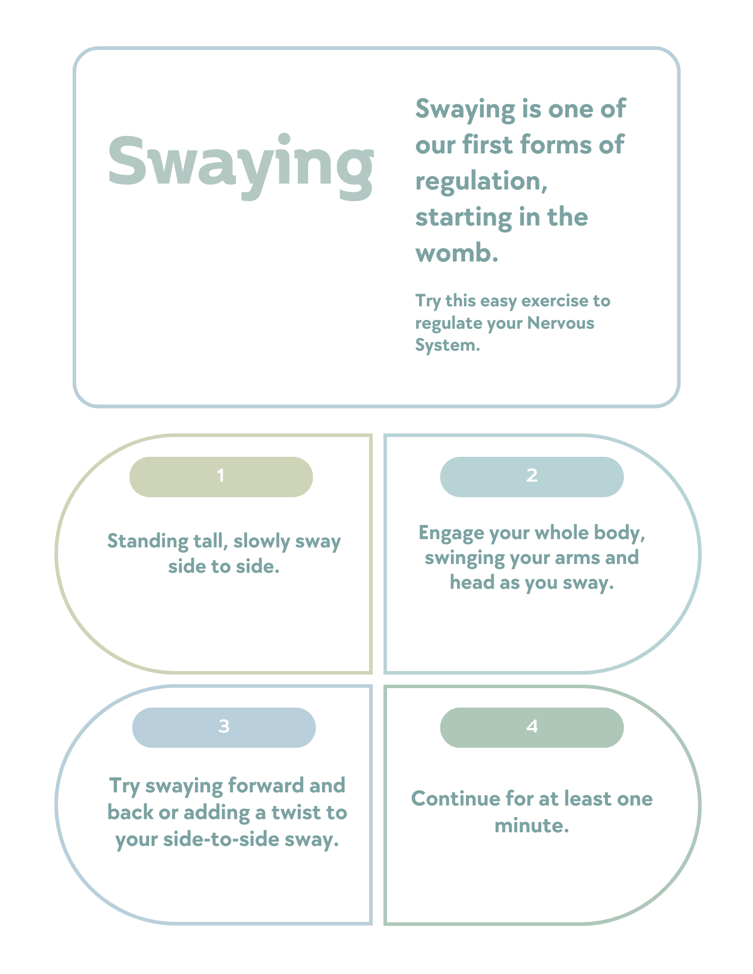 Instructions for a sway exercise, including steps to stand tall and sway side to side, engage the whole body, try swaying forward and back, and continue for at least one minute.