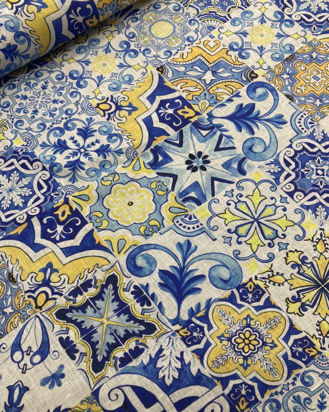 Moroccan tile print , pure linen