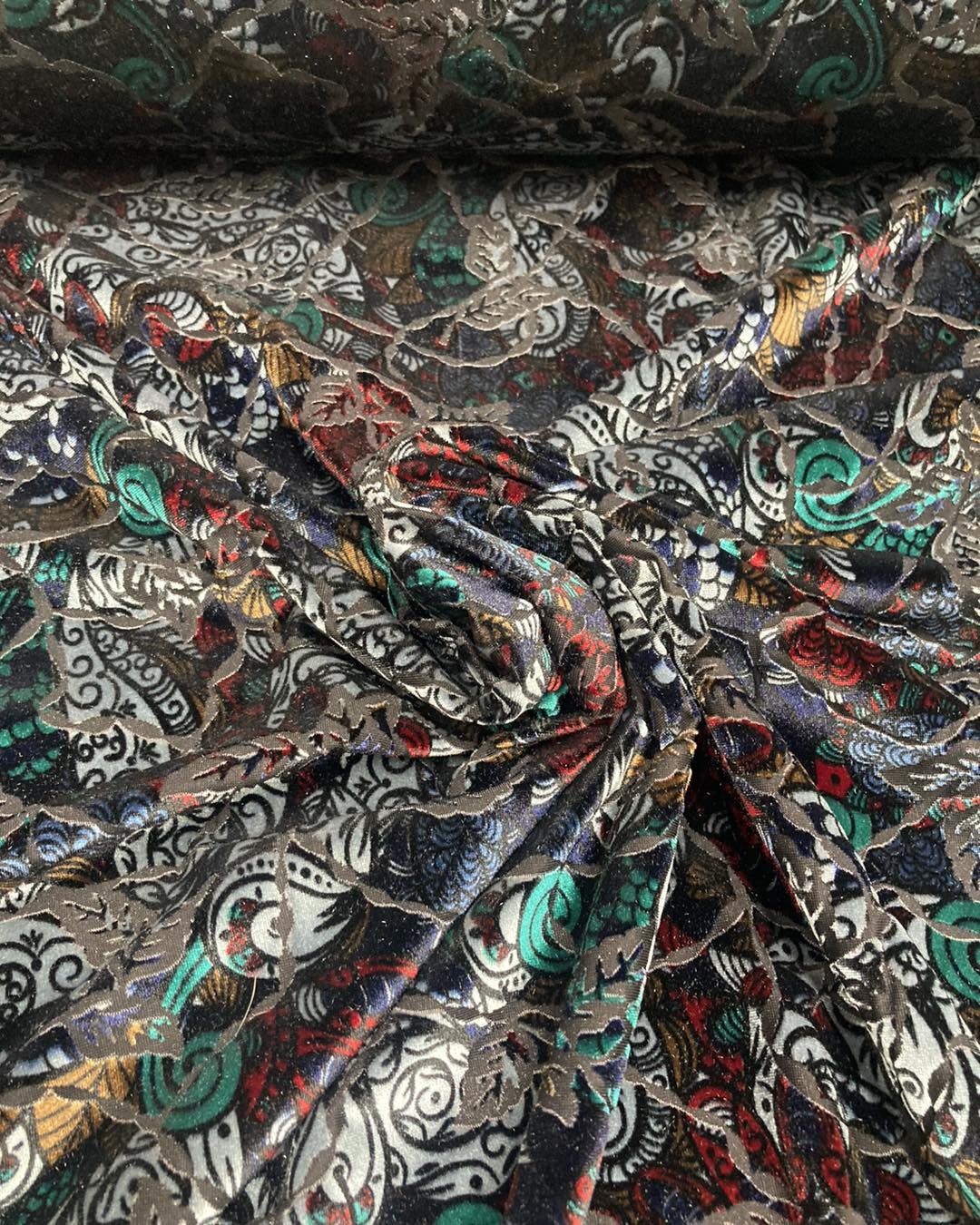 Burn out velvet stretch 
Such lovely rich colours with the added detail of the burnout design. See our instagram stories for a video of this fabric