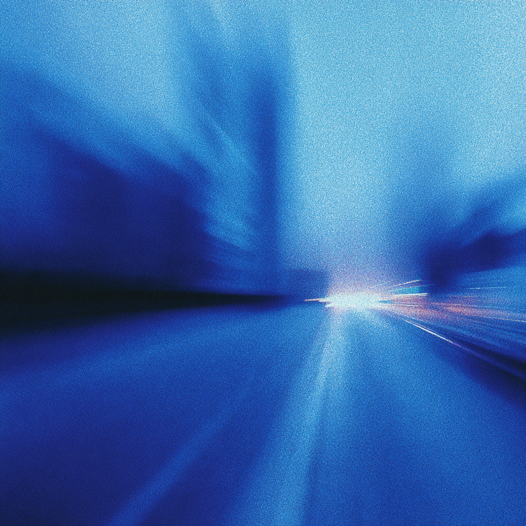 Abstract digital light streaks in shades of blue and white resembling a futuristic tunnel or warp speed effect.