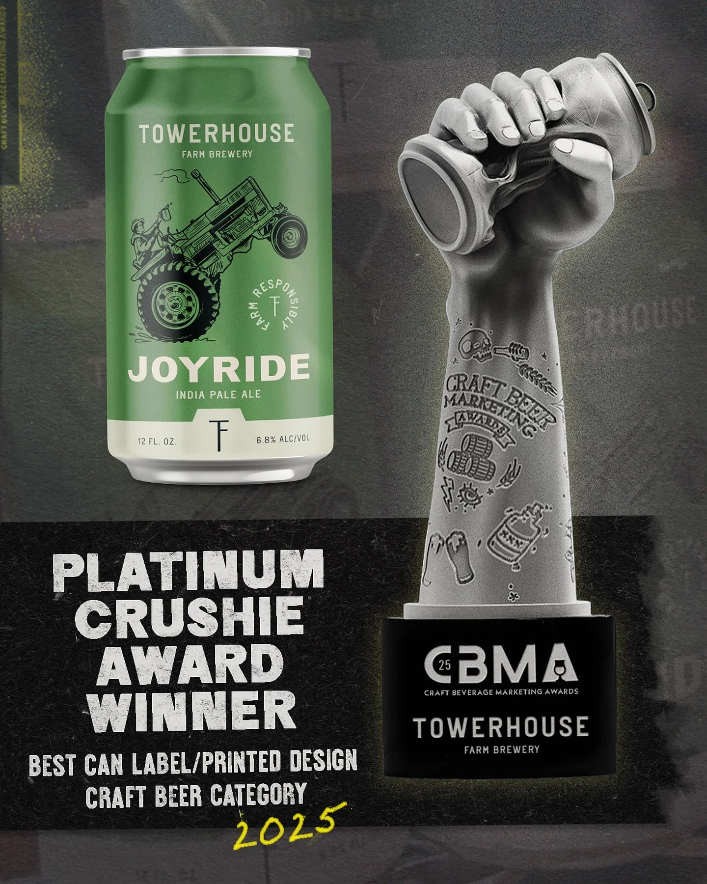 Excited to share some recognition from the 2025 @craftbevmarketingawards &mdash;&nbsp;I partnered with @towerhousefarmbrewery to design their first packaged beer, and the results won a regional Platinum Crushie in the &lsquo;Best Can Label/Printed De