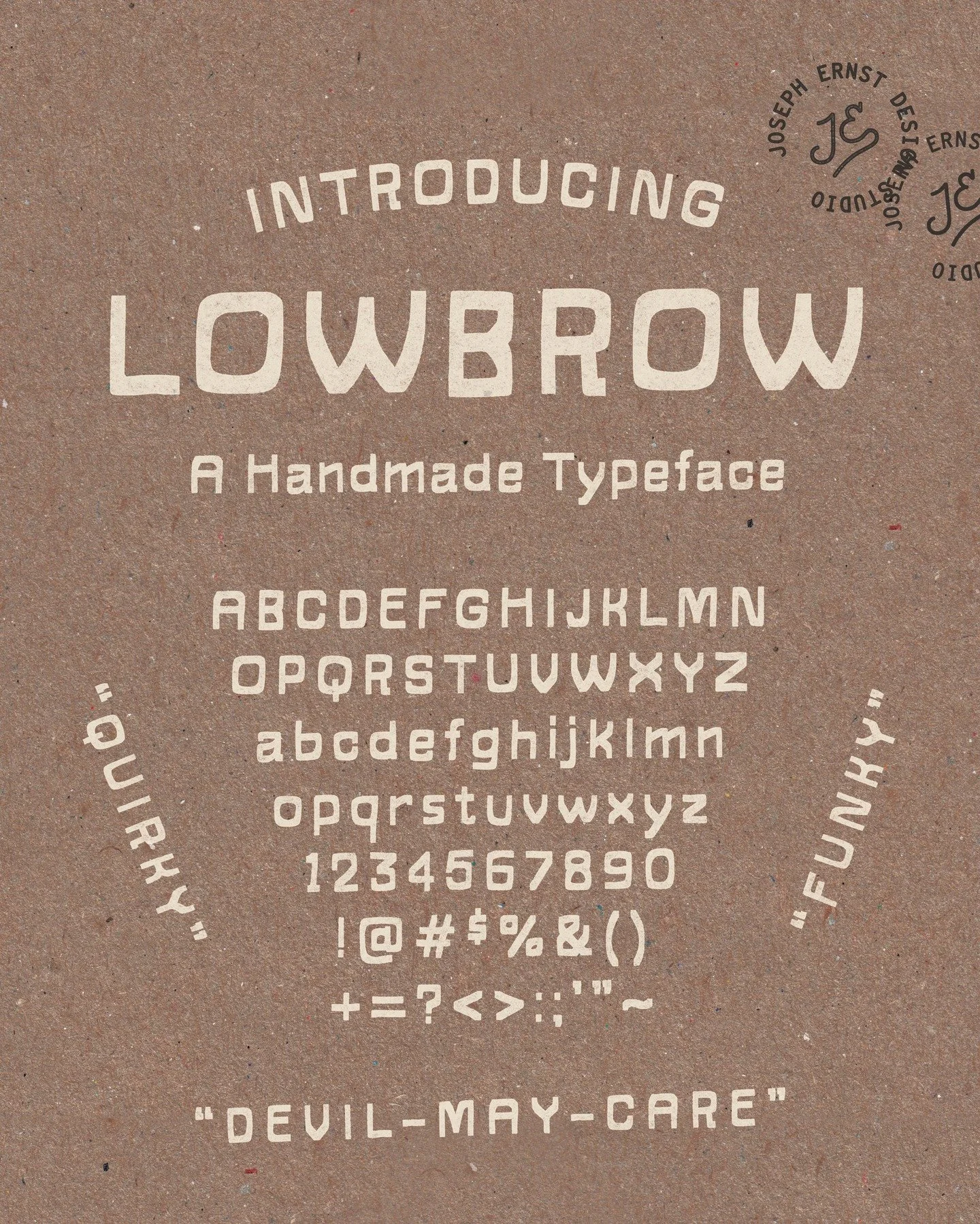 Introducing Lowbrow: a laid-back, handmade typeface, perfect for your next unpretentious branding, packaging or merch project.
.
The letterforms lend themselves to distortion, stretching, and type setting on a curve to really push the funkiness.
.
Th
