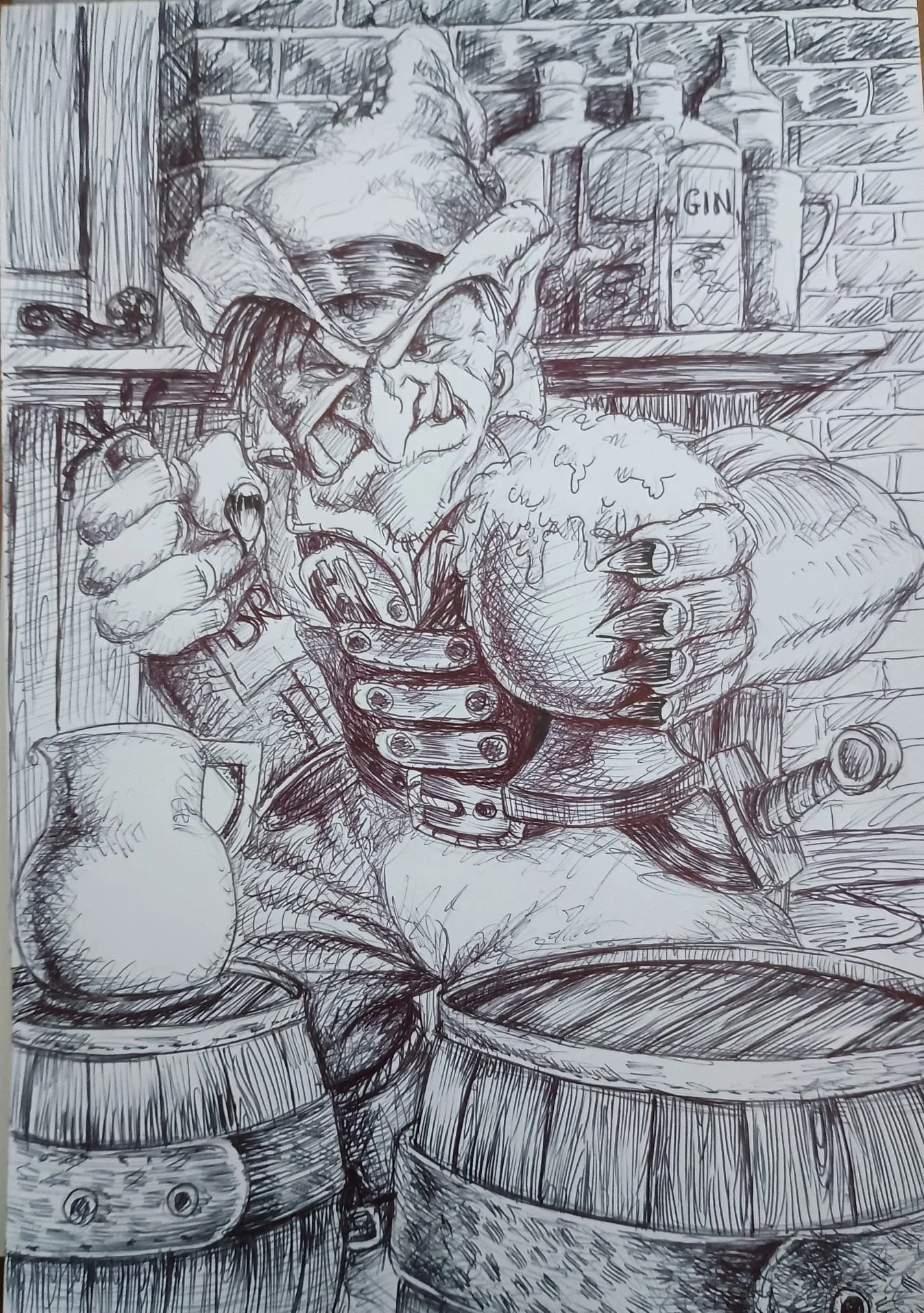 Mogmora the bartending Goblin disguised demon. "Customer's have a drink!"