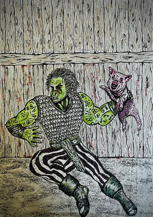 Travis ready's to throw a piglet in Bloodpig!
