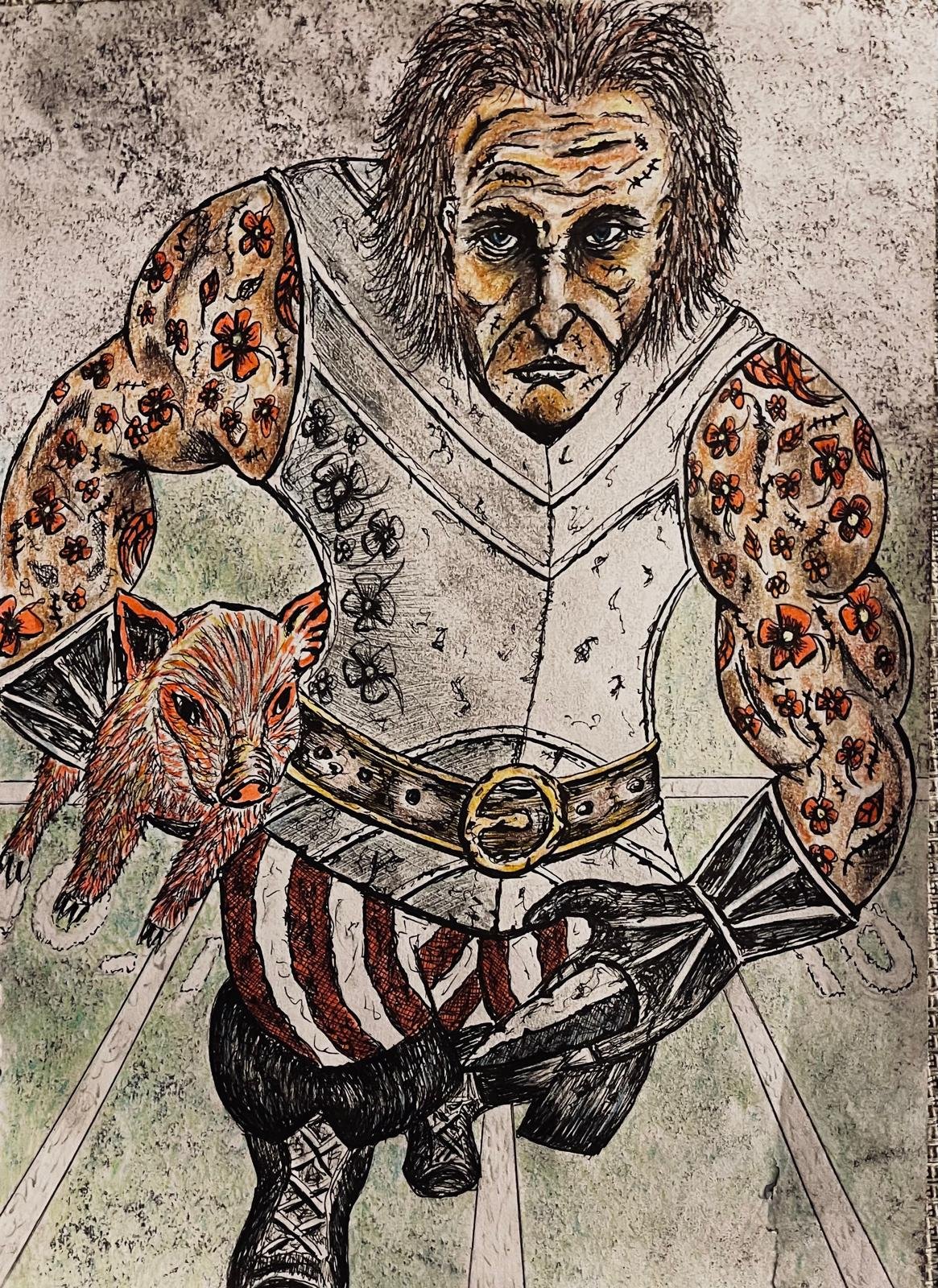 Byron runs with a piglet in the Emperors game Bloodpig!