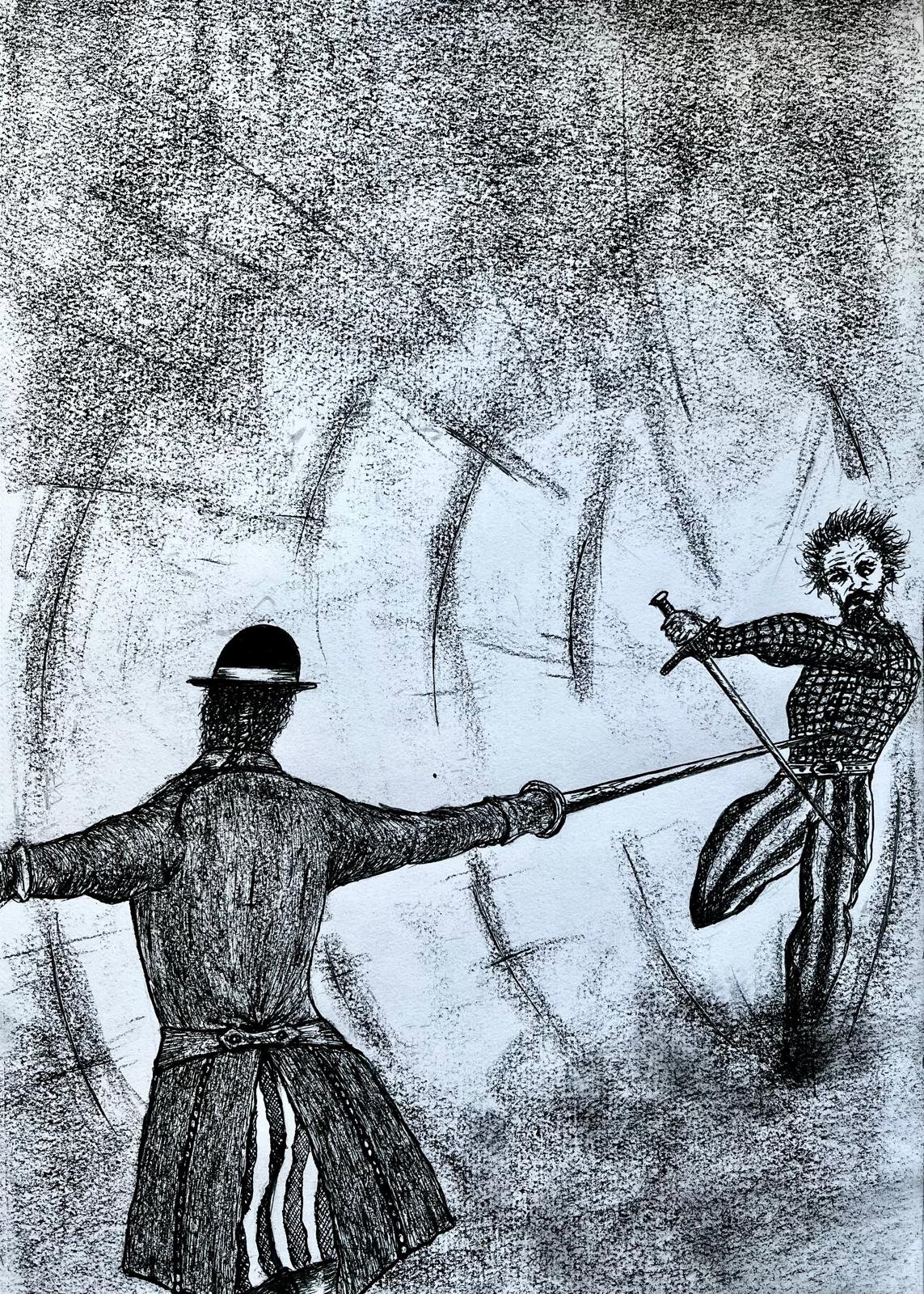 Nightingales practices his fencing skills with Orsini