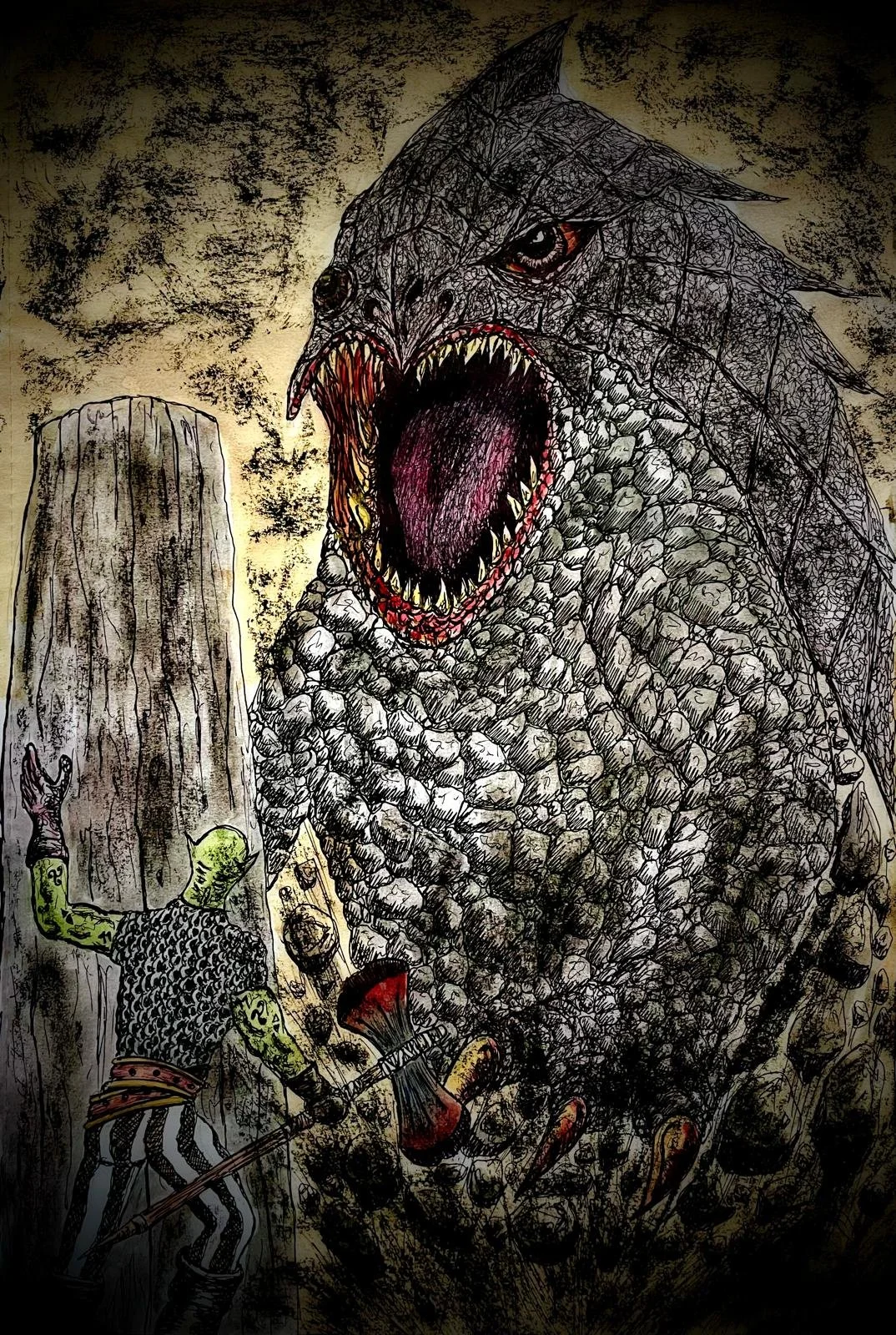 A bulette burst from the ground in front of Travis as he attempts to hold a pillar upright