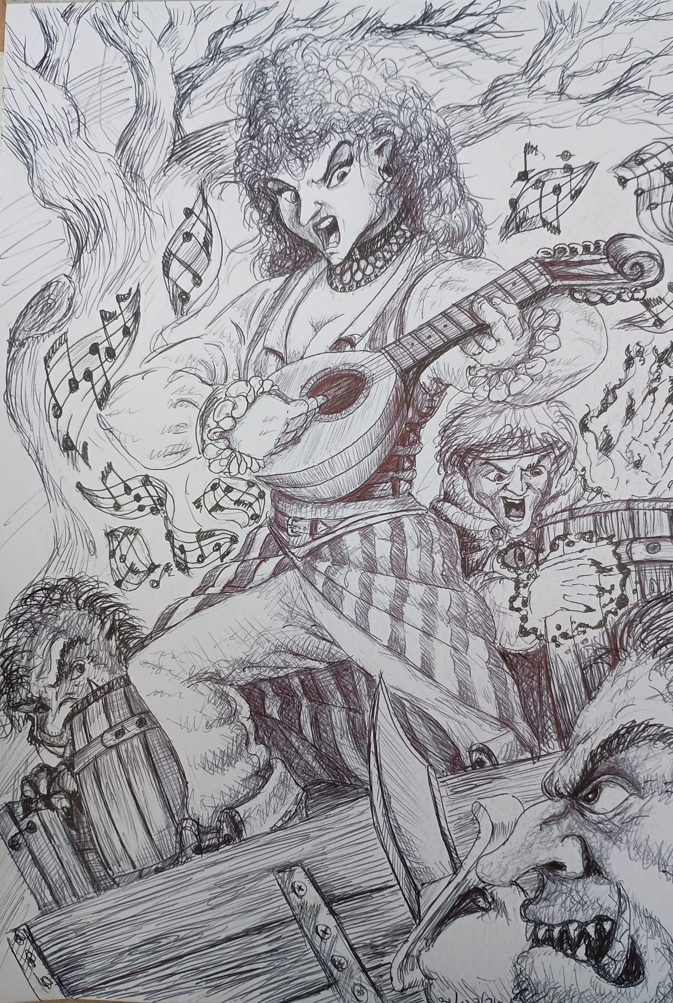 Calli and and Trinia Sabor (disguised as Taylon) on top of a cart being attacked by Goblins.