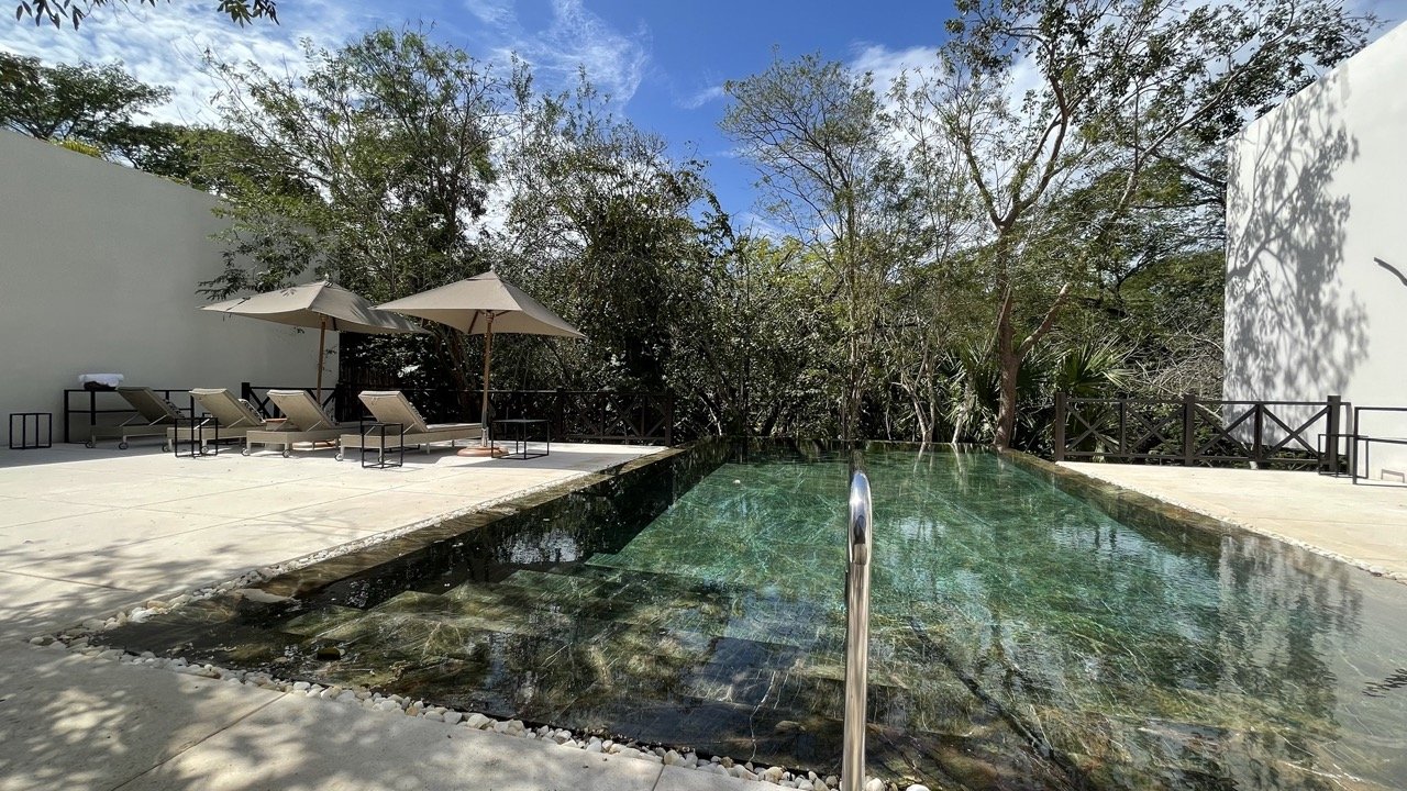 Large spa pool with sun loungers and parasols at the side, overlooking Mexican jungle