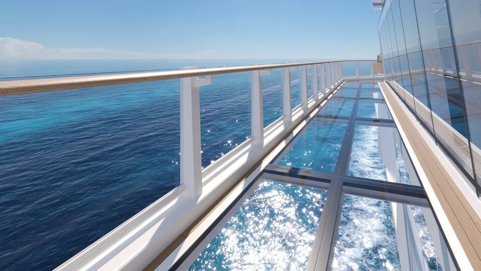 Oceanwalk glass bridge on Norwegian Luna with panoramic ocean views below