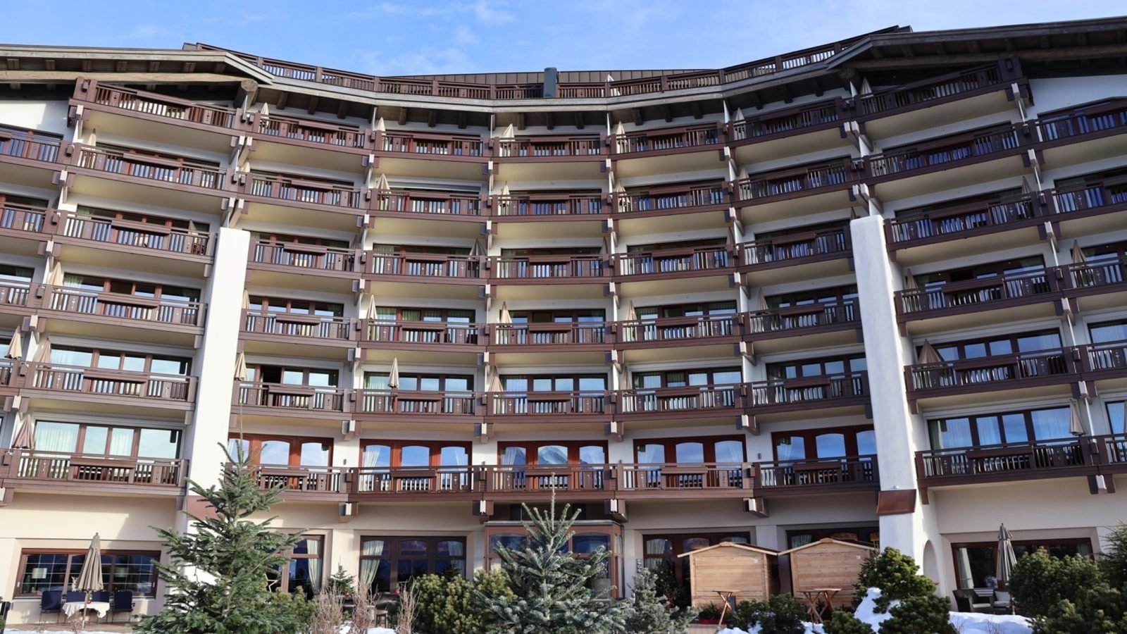 Balcony façade detail of Interalpen-Hotel Tyrol with Alpine architecture