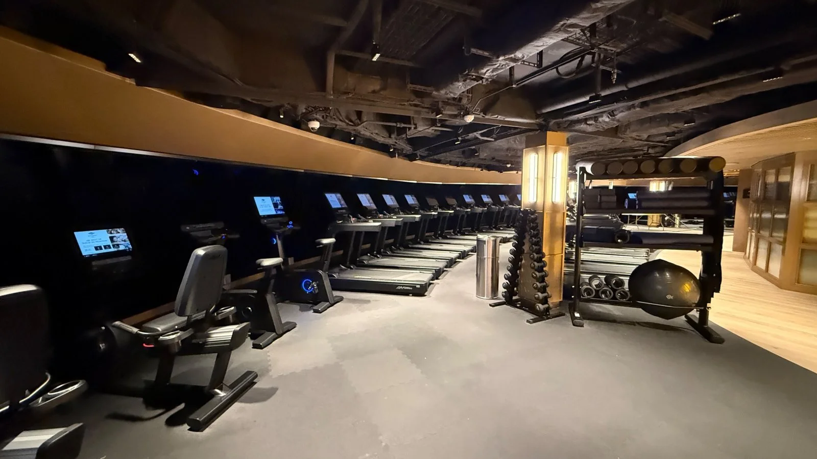 Modern fitness centre onboard Norwegian Luna featuring treadmills, bikes and strength equipment in a sleek, low-lit Haven gym environment
