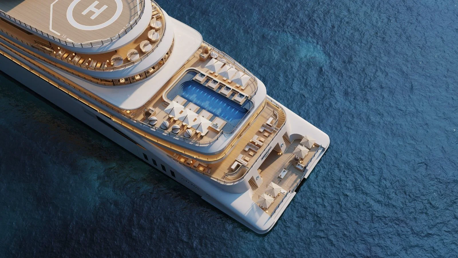 Aerial view of Amangati by Aman yacht showing pool deck and helipad, the inaugural Aman at Sea luxury yacht.